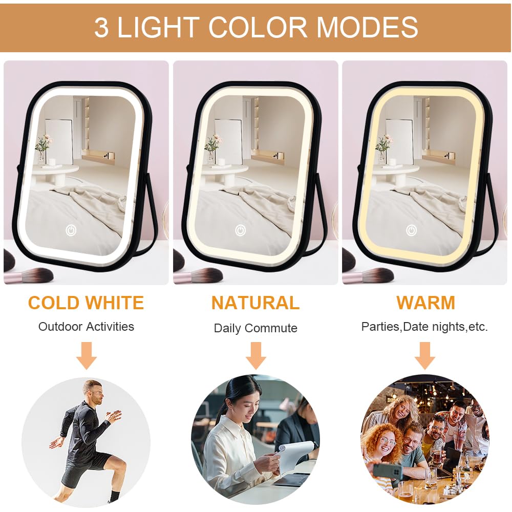 YEKKOPT Travel Mirror with Lights, Small LED Makeup Mirror with Lights,Portable Desk Mirror 1200mAh Battery,3 Color Modes,Dimmable Touch Screen, Tabletop Folding Compact Mirror,Women Gift