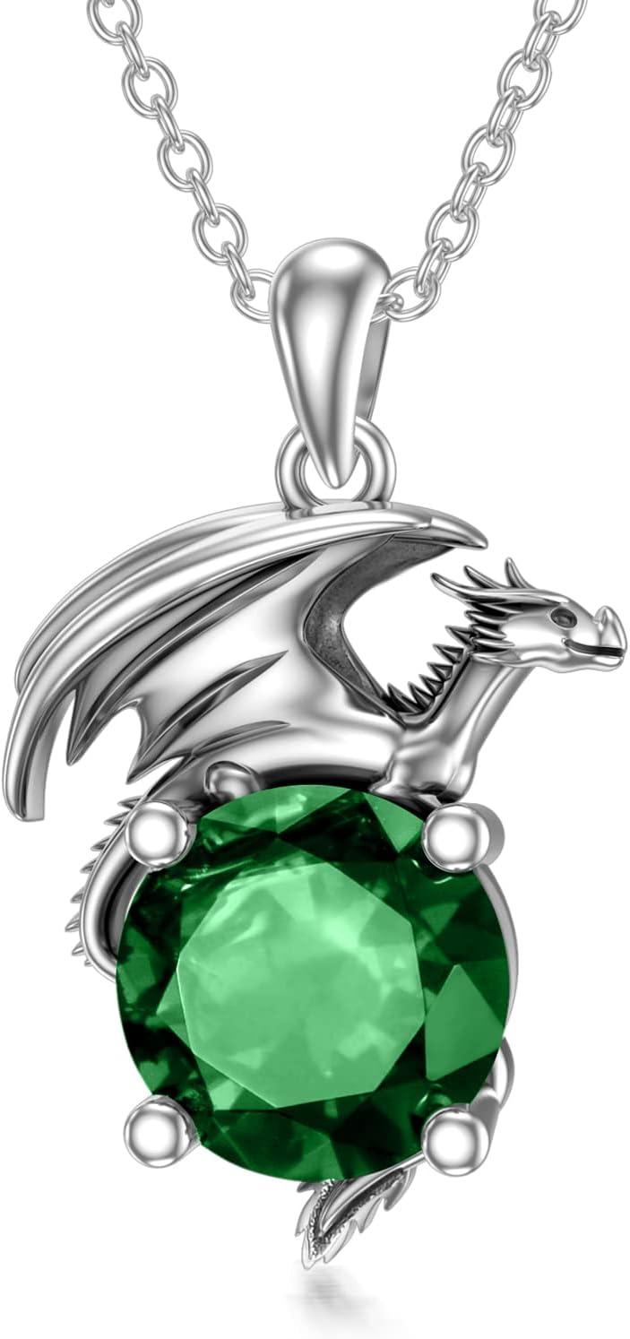 Dragon Necklace for Women/Men Sterling Silver Necklace with Birthstone Gift for Women/Men