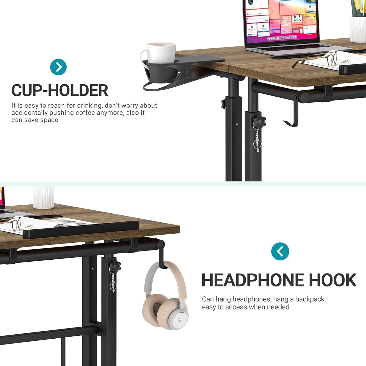 Klvied Stand Up Desk on Wheels, Portable Computer Desk for Home Office,Rolling Desk for Laptop with Removable Cup Holder, Adjustable Laptop Cart for Standing or Sitting,Raffia