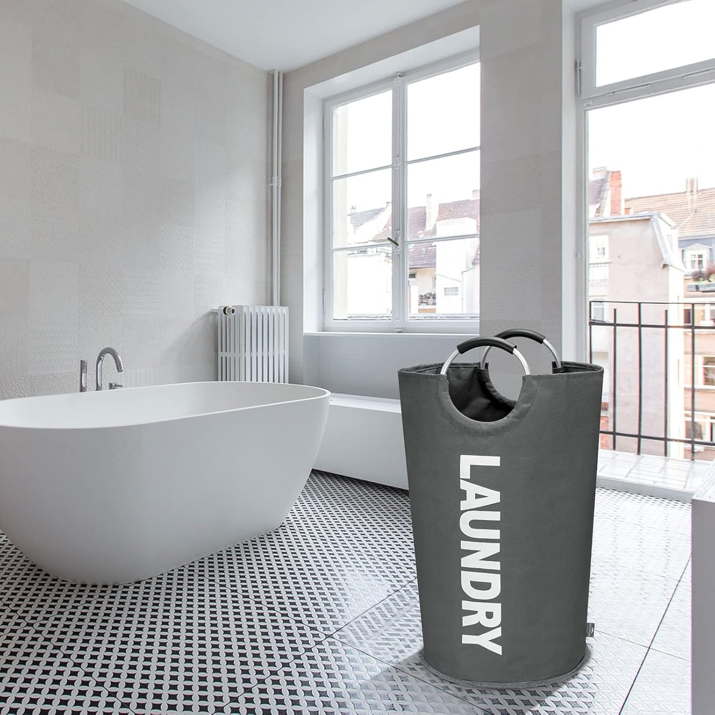 DOKEHOM 90L Large Laundry Basket, Collapsible Laundry Bag, Freestanding Tall Clothes Hamper, Foldable Washing Bin (Dark Grey)