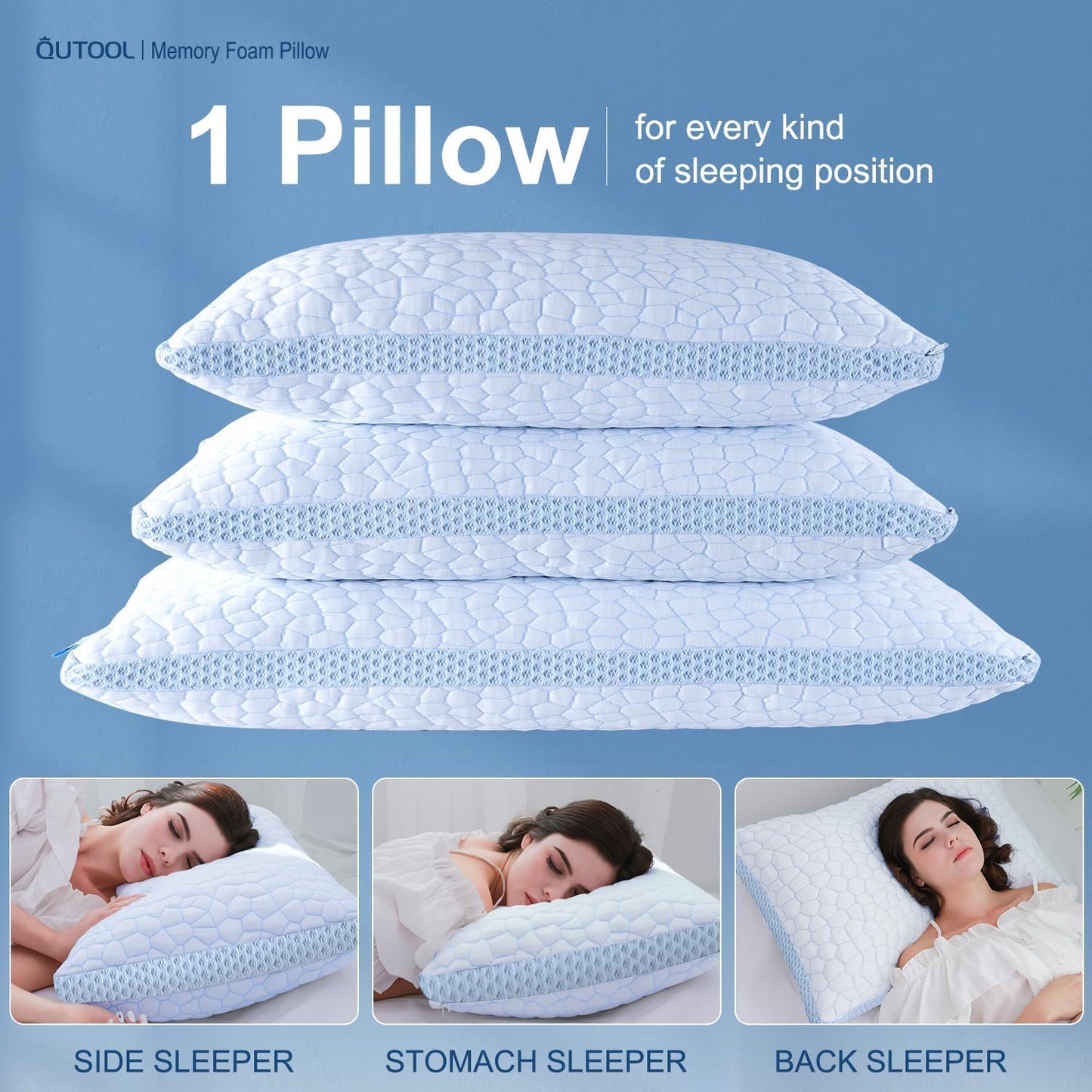 QUTOOL Enhanced Cooling Pillows for Sleeping, CertiPUR-US Shredded Memory Foam Pillows Queen Size Set of 2 for Hot Sleeper, Adjustable Bed Pillow for Side, Back, Stomach Sleepers Support Yet Soft Blue