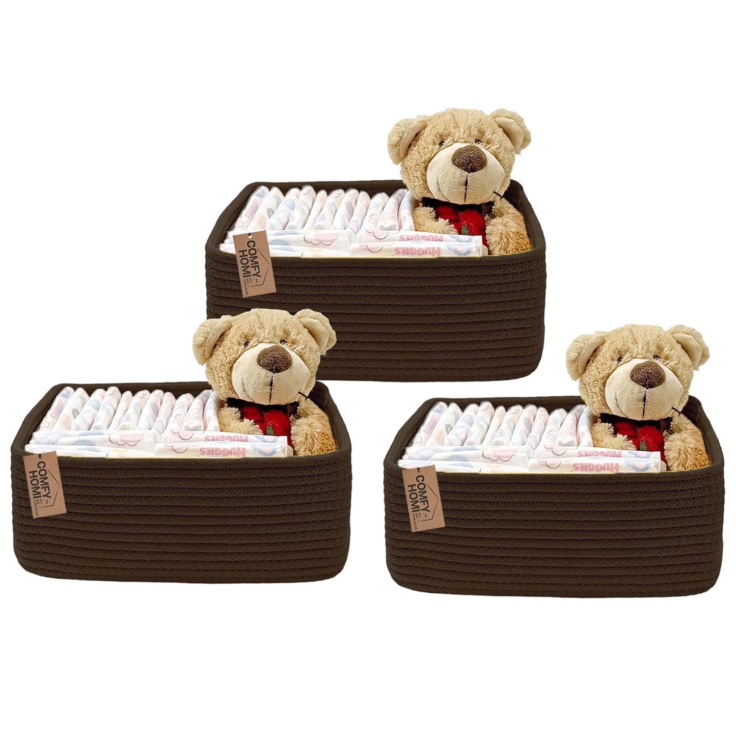 COMFY HOMI 11.5"x7.5"x4.7" Storage Baskets for Organizing | Cotton Rope Woven Basket | Toy Storage Bin Box | Basket for Shelves, Closet Organizer Bin, Decorative Closet Shelf, 3 Pack,