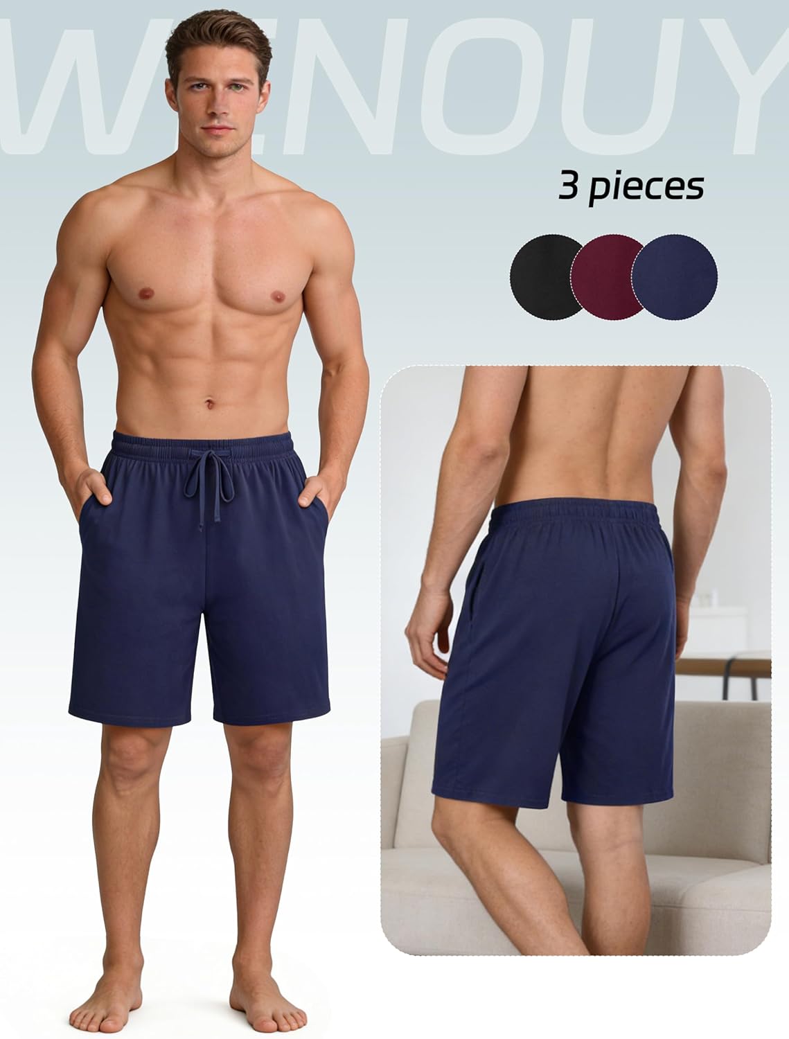 3 Pack Mens Cotton Pajama Shorts Soft Comfortable Lounge Shorts with Drawstring & Two Pockets Sleep Bottoms for Men
