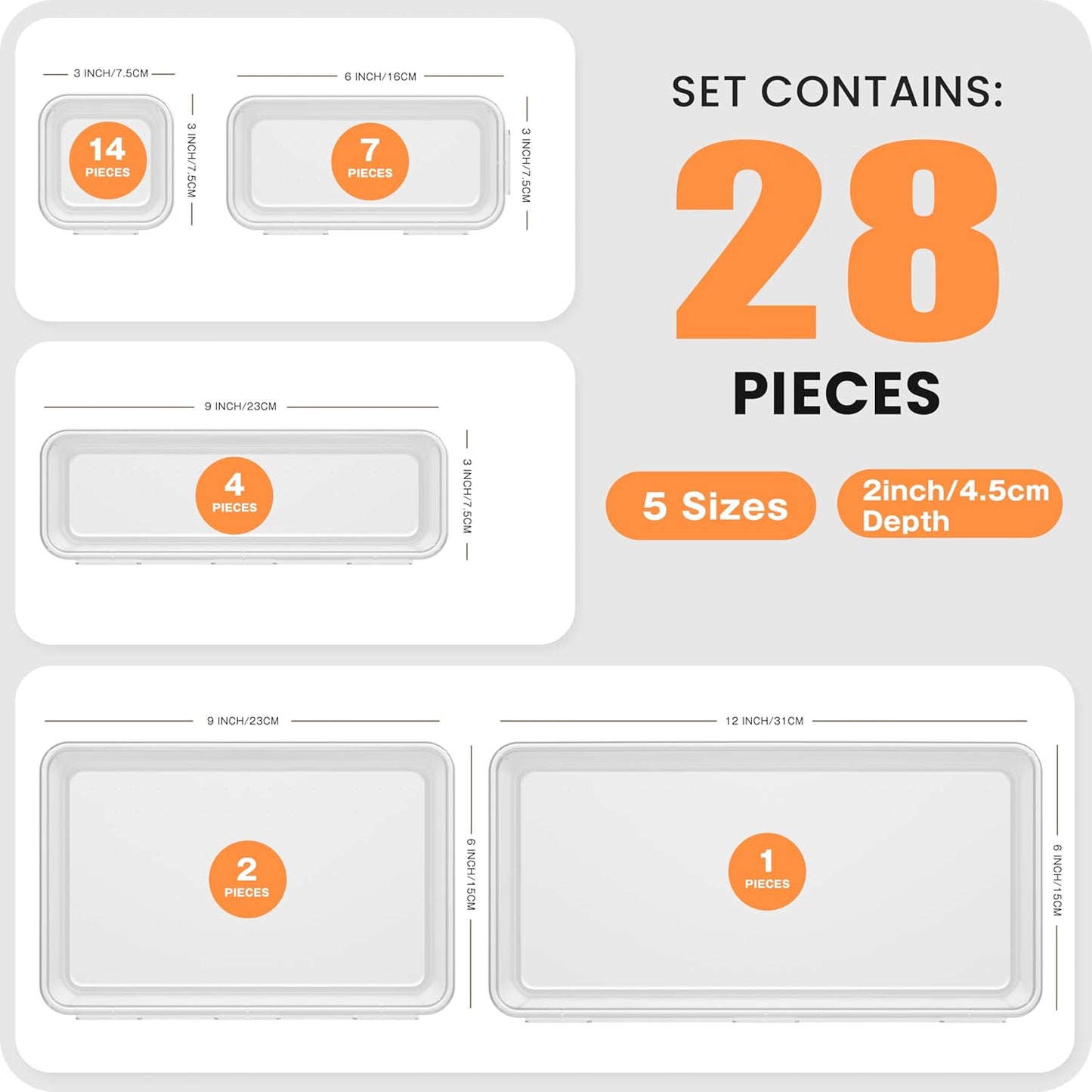 A-LuGei 【Military Grade】 Drawer Organizer, 【𝟱𝗦𝗶𝘇𝗲】 Makeup organizer, 【Holds 177 Items】 Bathroom Organizers and Storage, Organization and Storage, Desk Drawer Organizer for Vanity (Clear)