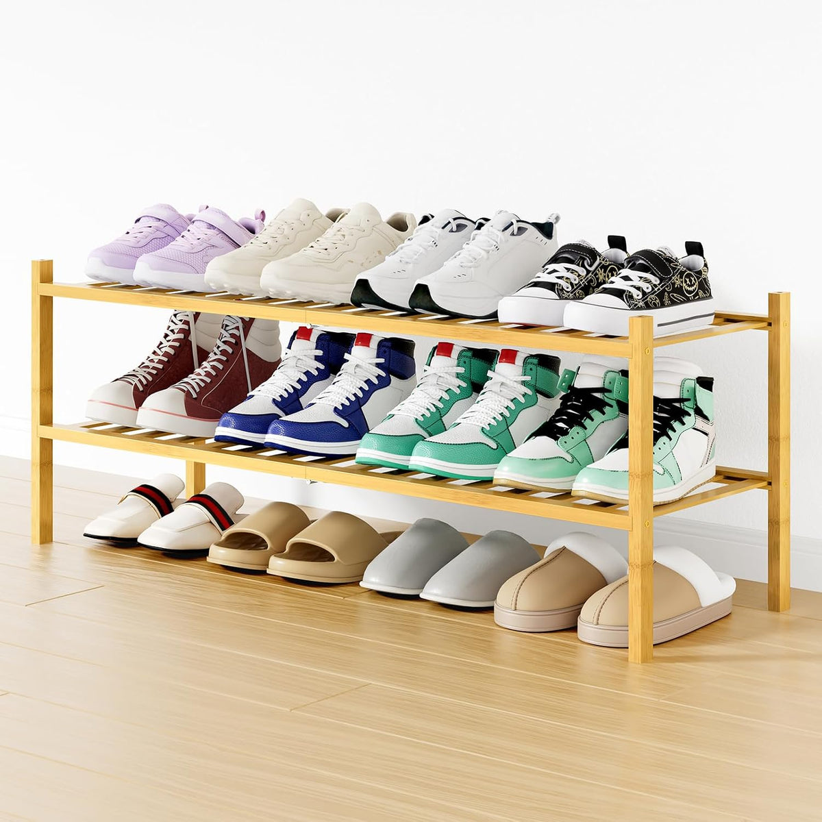 Smiry Bamboo Shoe Rack, 16 Vertical Slats, 2 Tier - 33.7" Wide, Natural