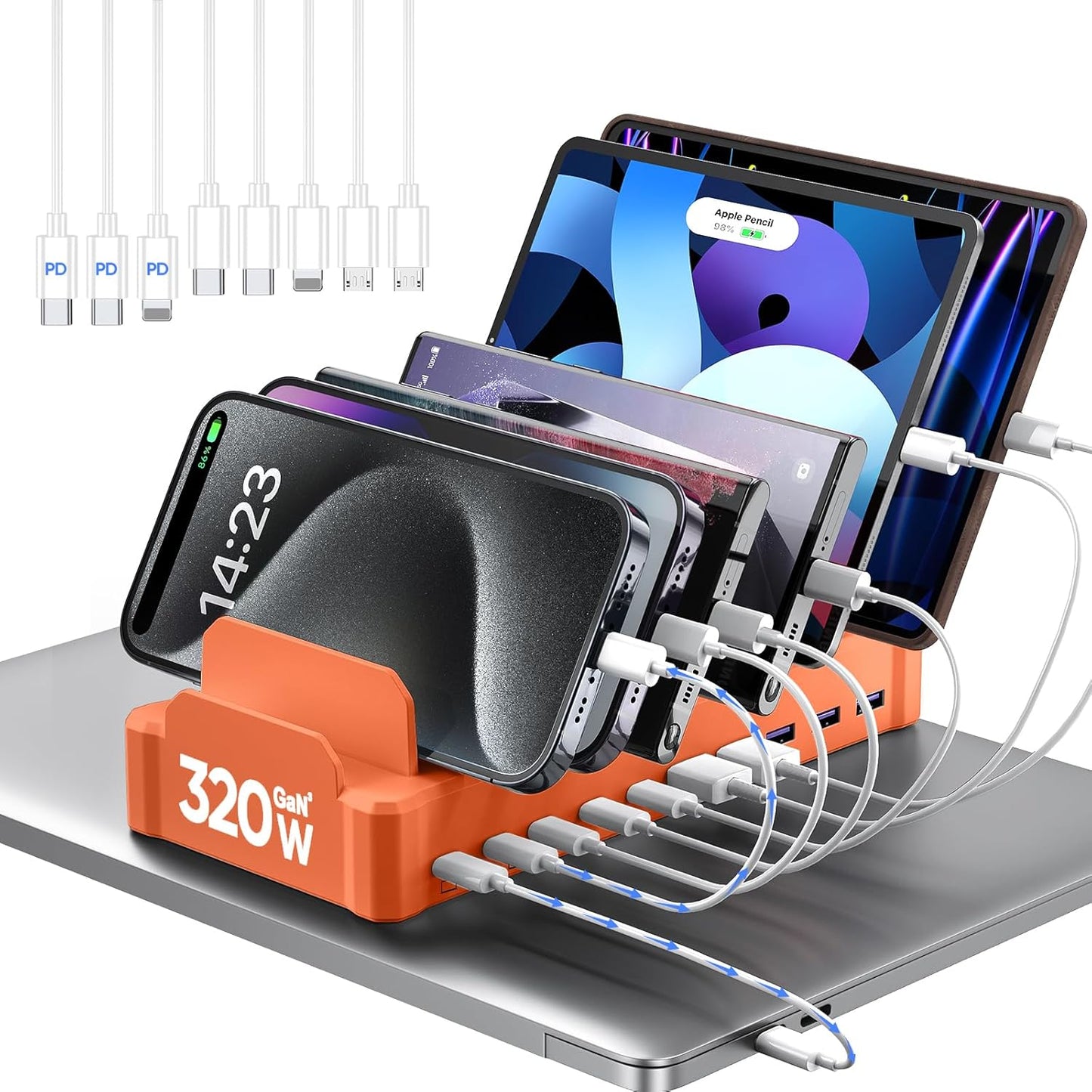420W Charging Station for Multiple Devices, Zobirez 10-Port USB C Fast Charger Stations for MacBook, iPhone, Android Cell Phone, iPad, Tablet, Family Multi-Device Organizer Charging Dock, Black