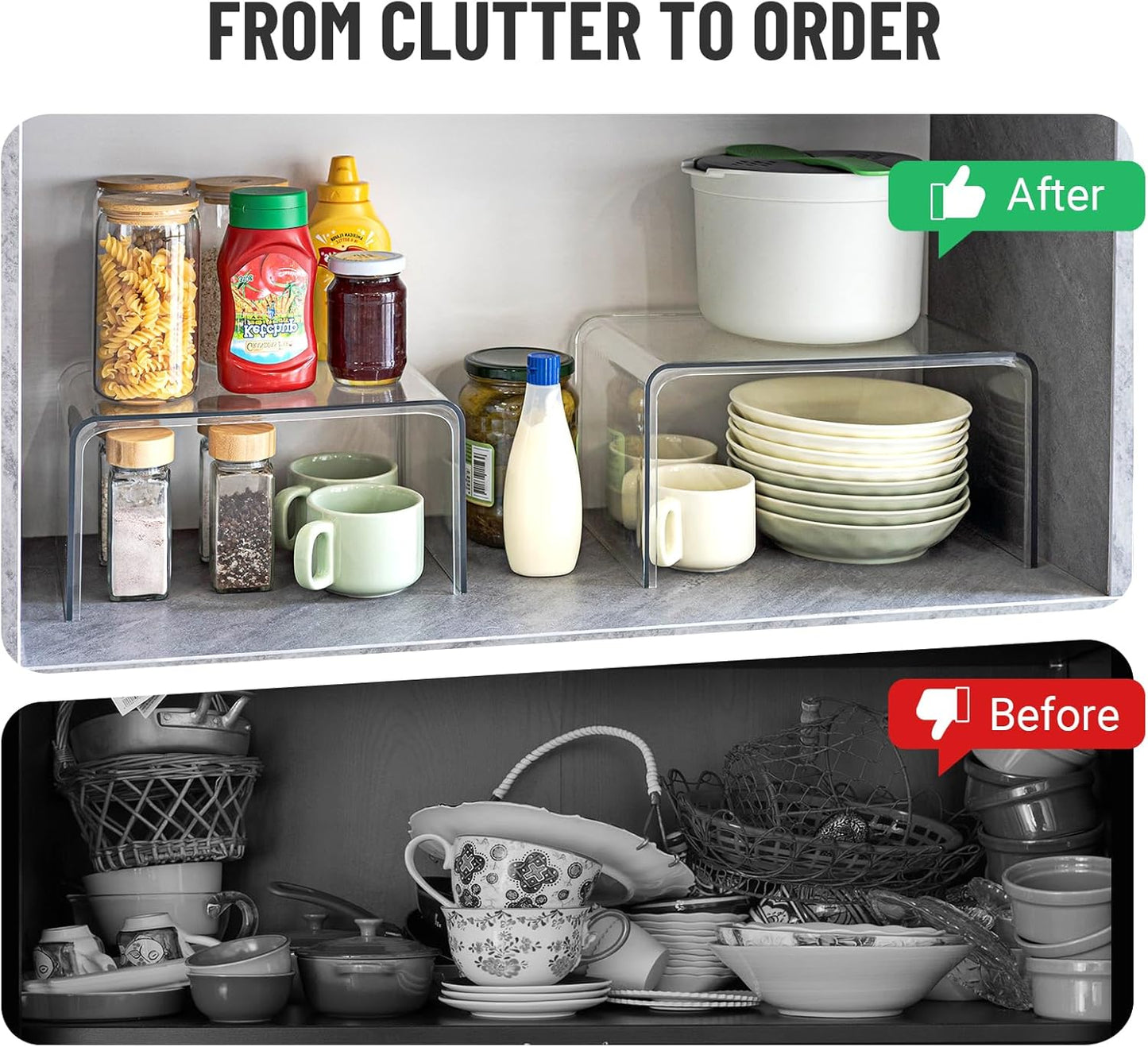 Clear Cabinet Organizer, Shelf Organizer Set of 2 for Kitchen Pantry Organizers and Storage, Display Cabinet Shelf Room Decor Countertop Desk Shelves, Patented Spice Organization for Cabinet