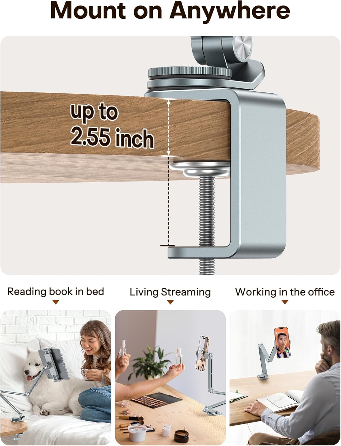 OMOTON Tablet Stand for iPad with 360° Rotation, GH03 Aluminum Alloy Long Arm Phone Mount with 2 Plastic Clamps (Phone & Tablet), Adjustable Holder for 4-13" iPad Pro/iPhone, Grey