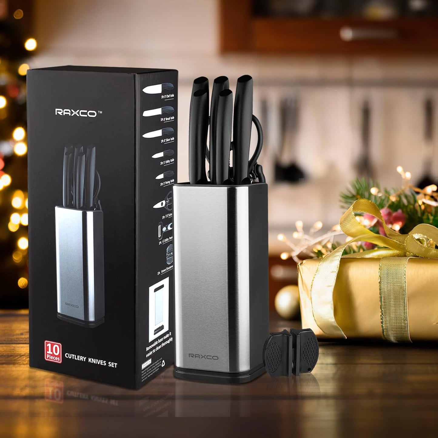 RAXCO Knife Set with Block,10-Piece Kitchen Knives Stainless Steel,Pro-sharpened for Cooking,Slicing,Mincing,Dicing,Black
