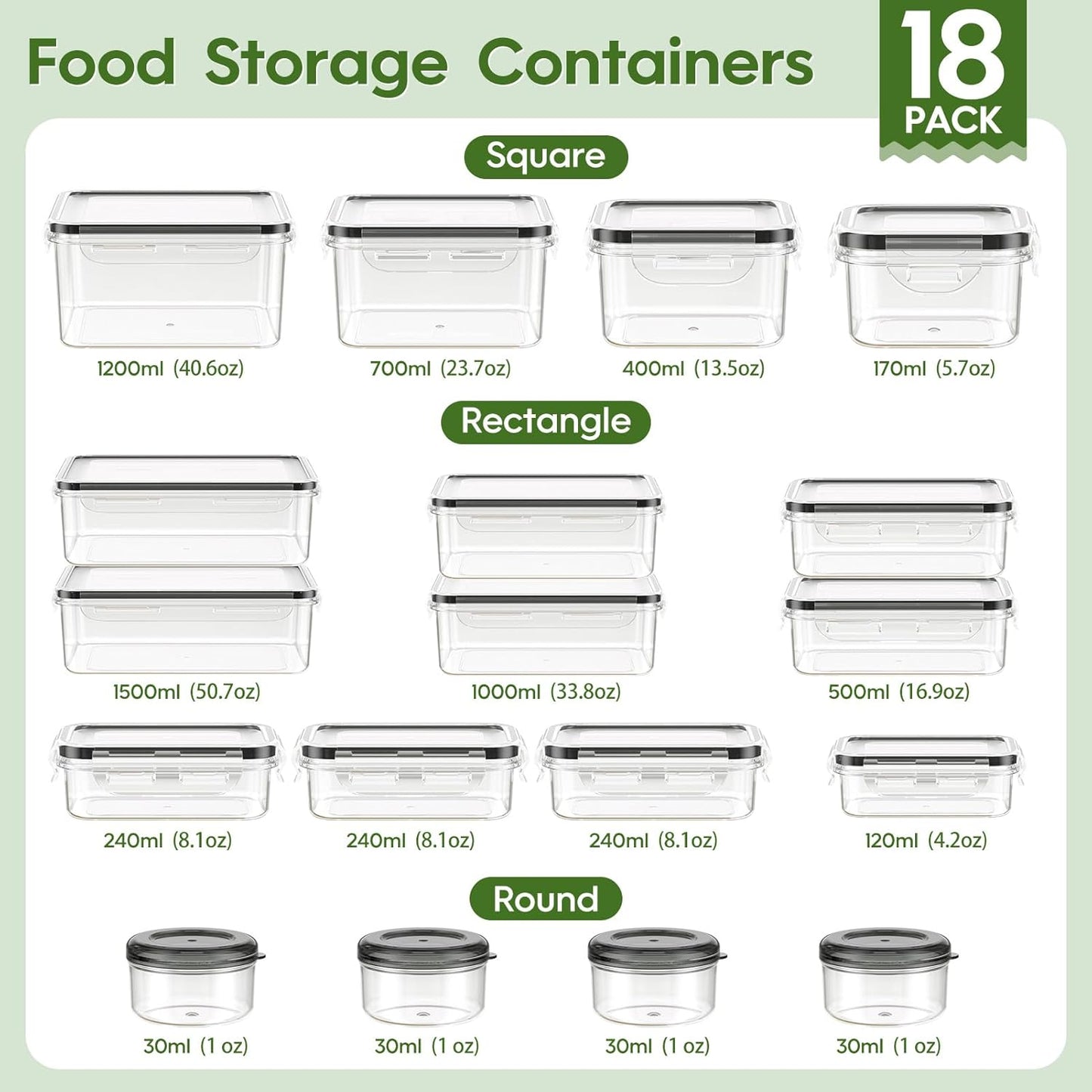 KEMETHY 36-Piece Food Storage Containers with Lids(18 Container & 18 Lid), Plastic Food Containers for Pantry & Kitchen Storage and Organization, BPA-Free, Leak Proof, Reusable with Labels & Pen