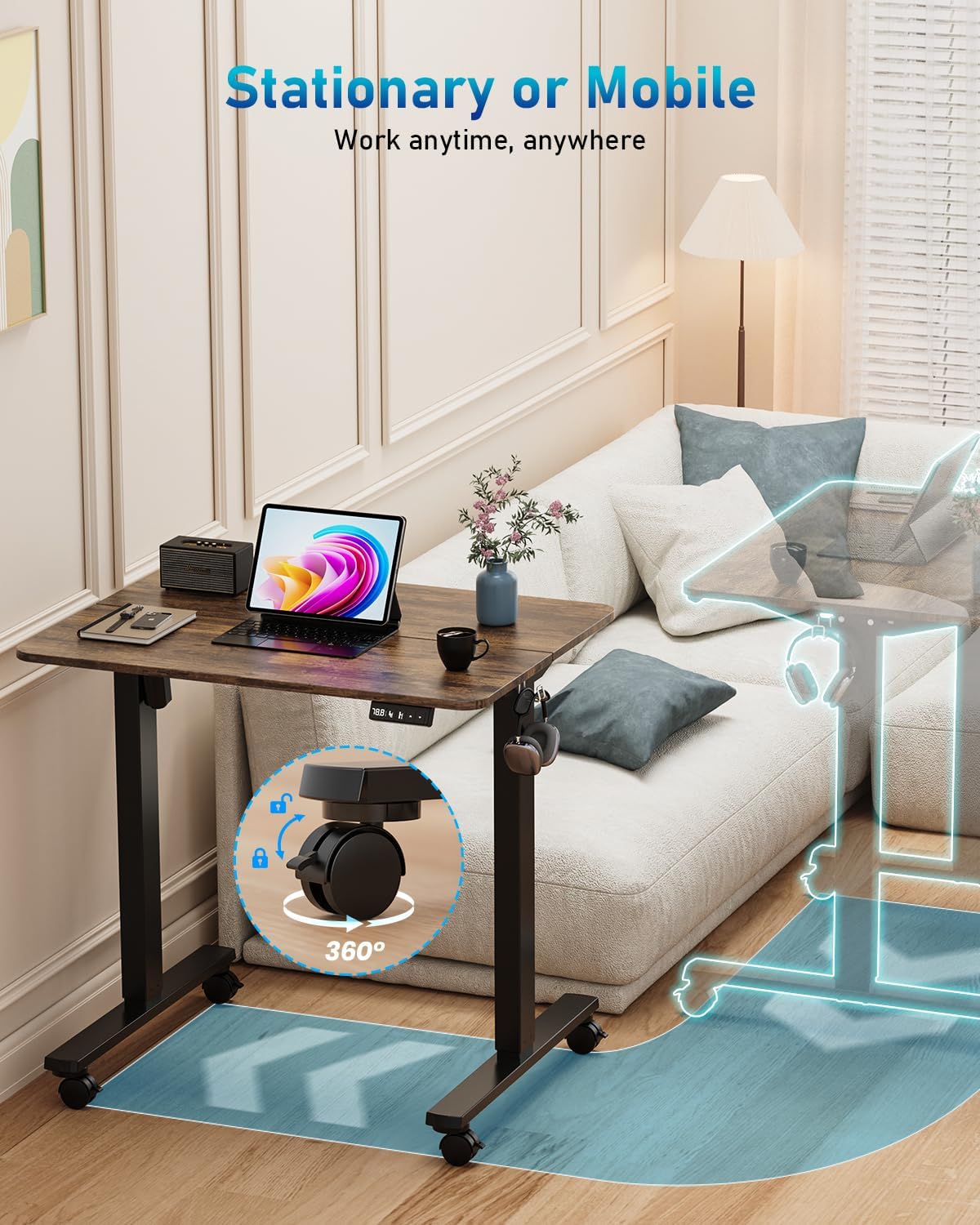 32" Small Electric Rolling Standing Desk Adjustable Height, Mobile Sit Stand up Desk with Lockable Casters for Home Office & Computer Workstation, Splice Board, 2 Hooks, Black Frame/Rustic Brown Top