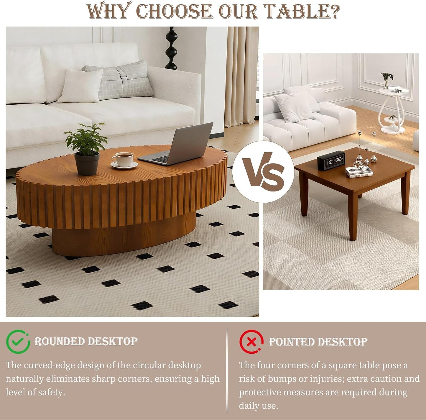 Oval Fluted Coffee Tables 43.3" (Oval Wood) | Modern Wood Accent Table, Contemporary Drum Center Table, Sturdy Pedestal, Mid Century Style, For Living Room Apartment