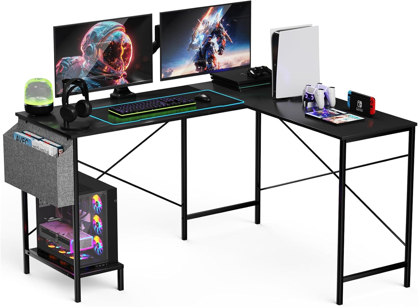 L Shaped Desk - 50" Reversible Home Office Computer Desk, Wood Top, Metal Frame, Side Bag, Sturdy Gaming Desk Corner Table for Work, Writing and Study, Space-Saving