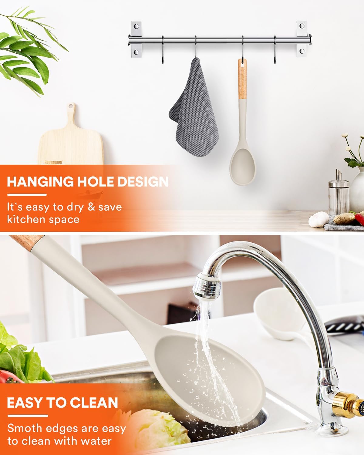 Badiano Large Silicone Cooking Spoons, Nonstick Solid Wooden Handle,13.2in