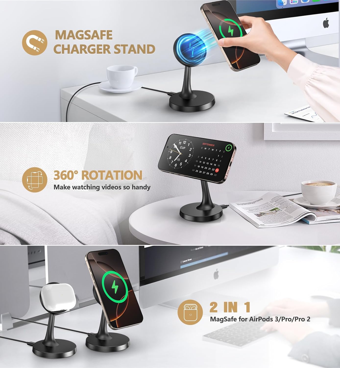 Magnetic Wireless Charger iPhone Stand 15W Fast Mag-Safe Charger for iPhone 17/17 Pro/17 Air/17 Pro Max 16/15/14/13/12 Series Apple Magnet Wireless Charging Station/Pad for AirPods