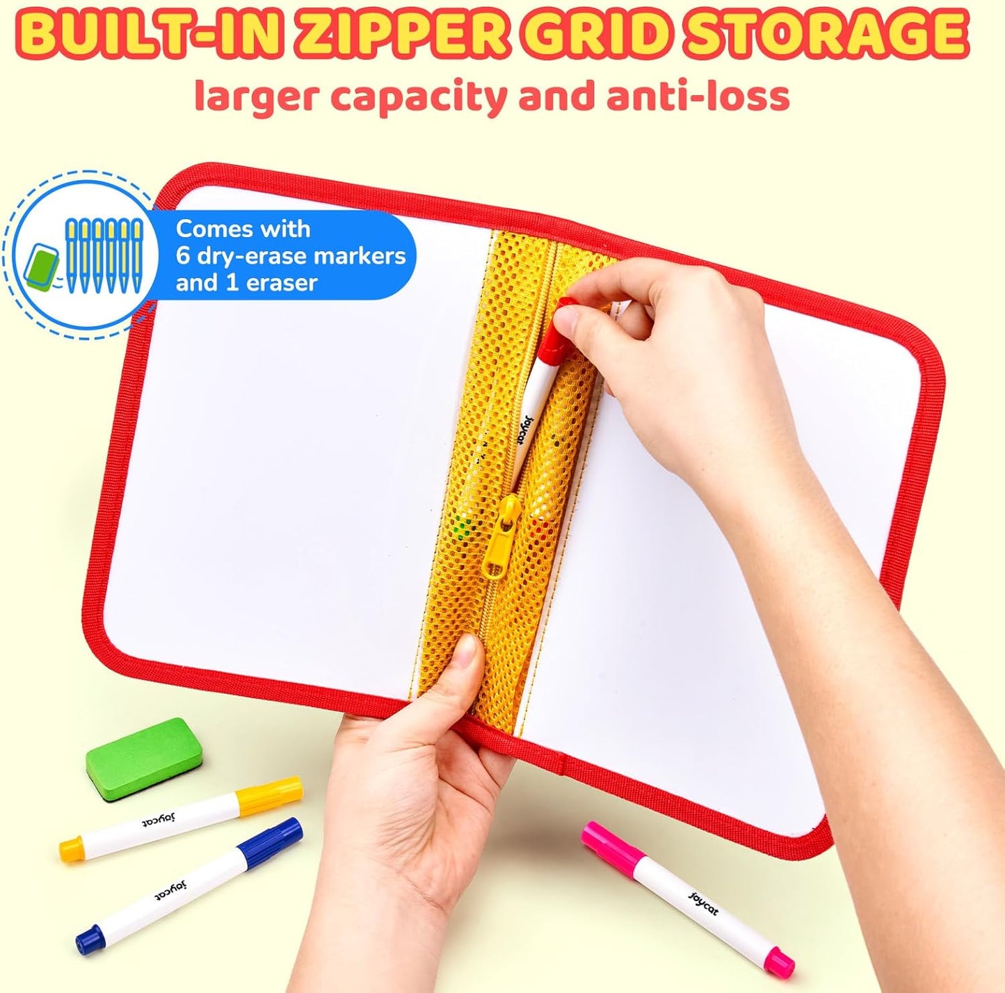 10-Inch Dual-Sided Dry Erase Travel Board for Kids with Zippered Storage - Portable Whiteboard Set with 6 Markers, Eraser.Coloring & Drawing Busy Book, Lightweight Foldable Activity Gifts for Kid