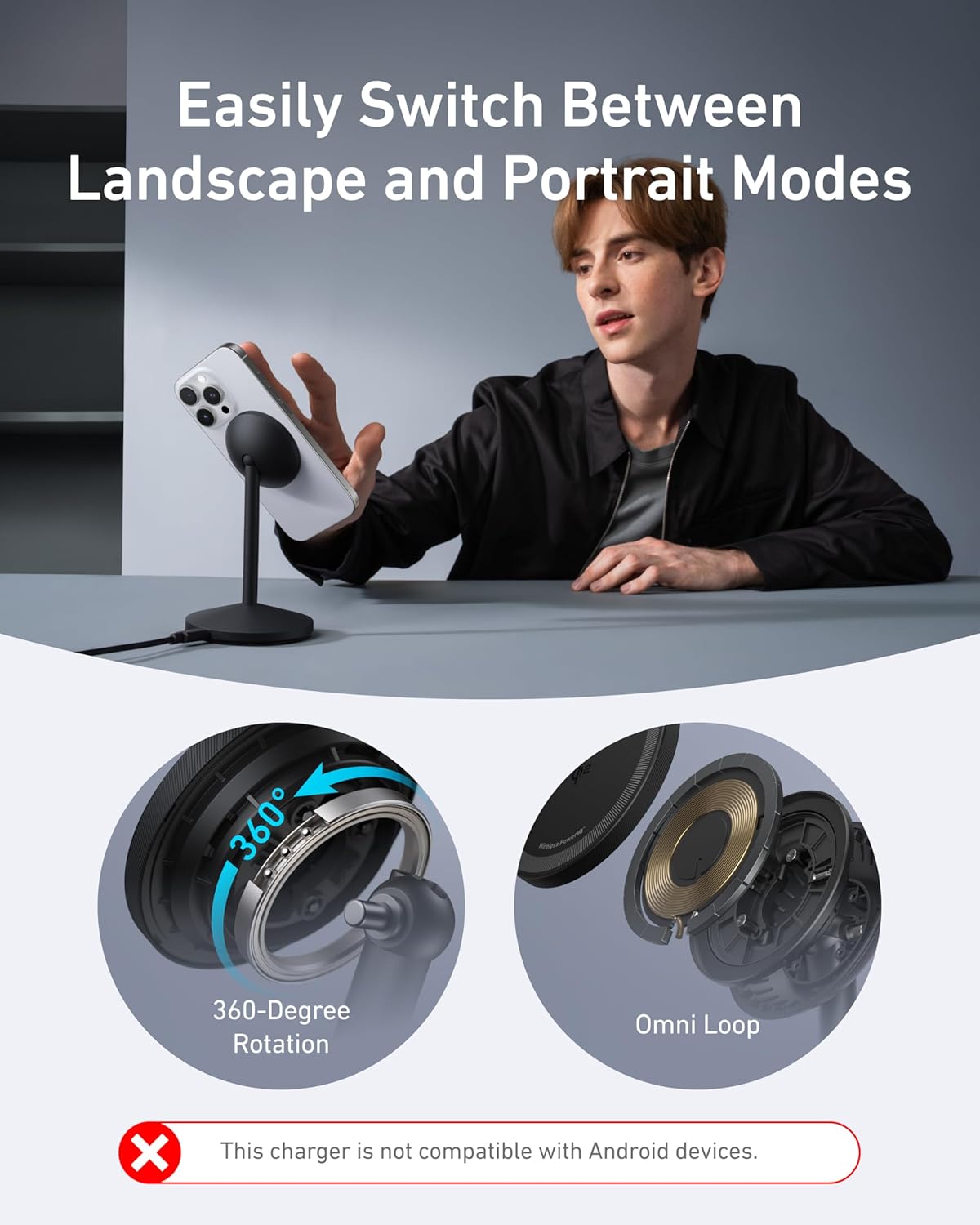 Anker MagGo iPhone 17 MagSafe Charger Compatible Stand, 15W Fast Magnetic Wireless Charging Station, Qi2 Certified 360° Wireless Charger, Magnetic Stand for iPhone 17/16/15/14/13 Series (No Adapter)