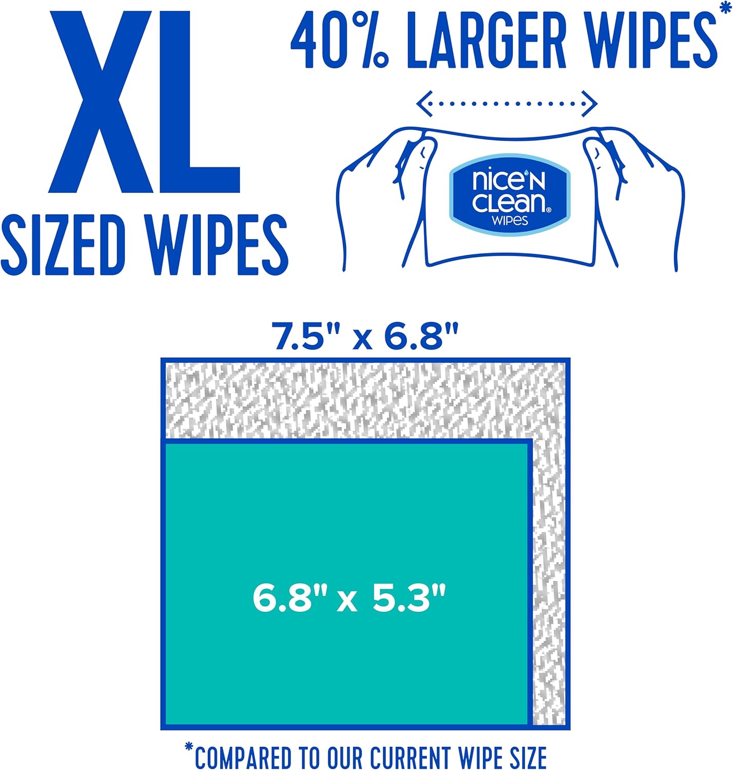 Nice 'N CLEAN Extra Large Flushable Wipes | 40% Larger Wipes | 6.8" x 7.5" Unscented XL Adult Wet Wipes | Septic and Sewer Safe | Fragrance Free, Hypoallergenic, Plant Based | 180 Butt Wipes