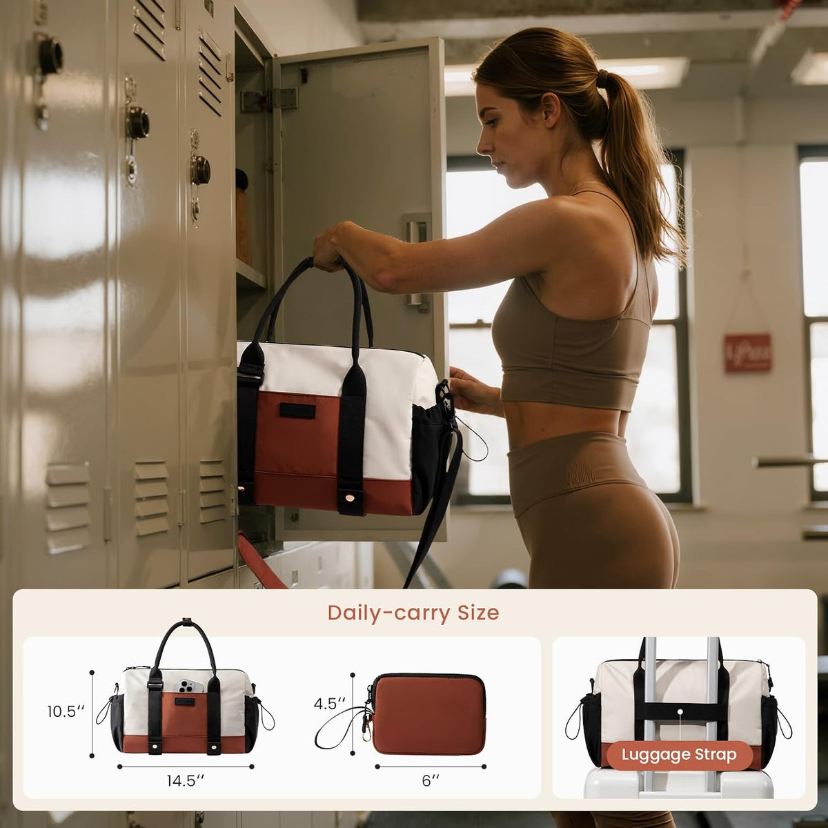 LOVEVOOK Small Gym Bag for Women with Yoga mat Holder, Mini Duffle Bag for Travel with Wet Pocket, Overnight Personal Item Bags (Black-White-Brown, 16.5 inch-Large-2Pcs)
