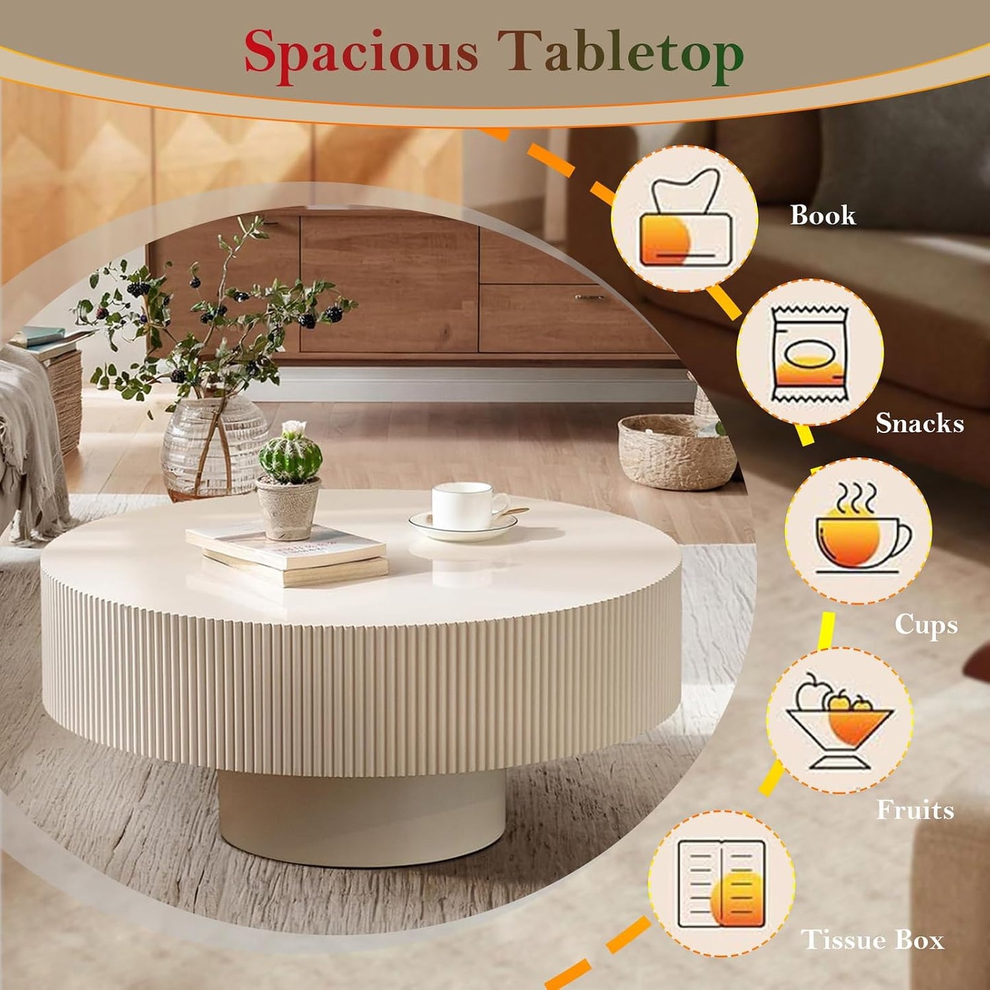 Ivory White Round Fluted Coffee Table (Lvory White Thicken 30.71in) | Rustic Circular Pedestal Center Table, with Round Thicken Tabletop & Sturdy Pedestal | for Living Room Study Farmhouse