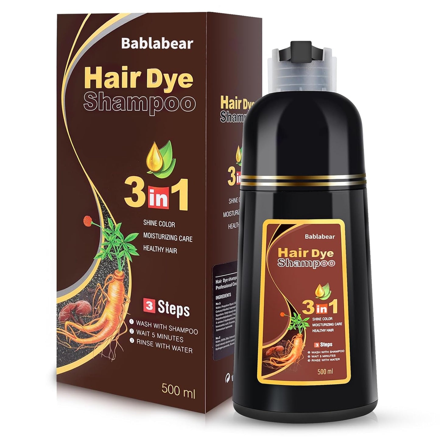 Bablabear Dark Brown Hair Color Shampoo for Gray Hair 500ML Instant Hair Dye Shampoo for Men & Women-3 in 1 Color Shampoo