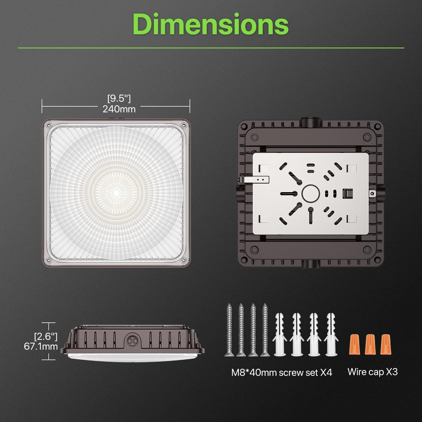 Glitgate 100W LED Canopy Light, 100W/80W/60W Adjustable, 3000K/4000K/5000K 3CCT Selectable Canopy Lights, 110/120V IP65 Outdoor Waterproof Commercial Ceiling Light for Parking Lot, Garage, Gas Station
