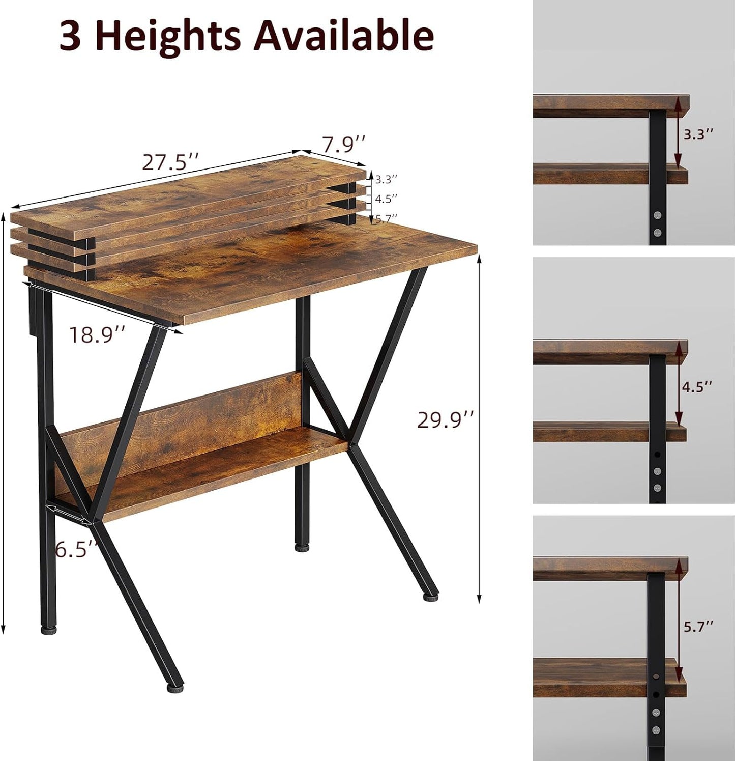 COTUBLR Small Desk, 27.5 Inch Small Computer Desk for Small Spaces, Computer Desk with Adjustable Monitor Stand, Compact Desk with Storage, Tiny Desk Study Desk for Bedroom Home Office, Rustic Brown