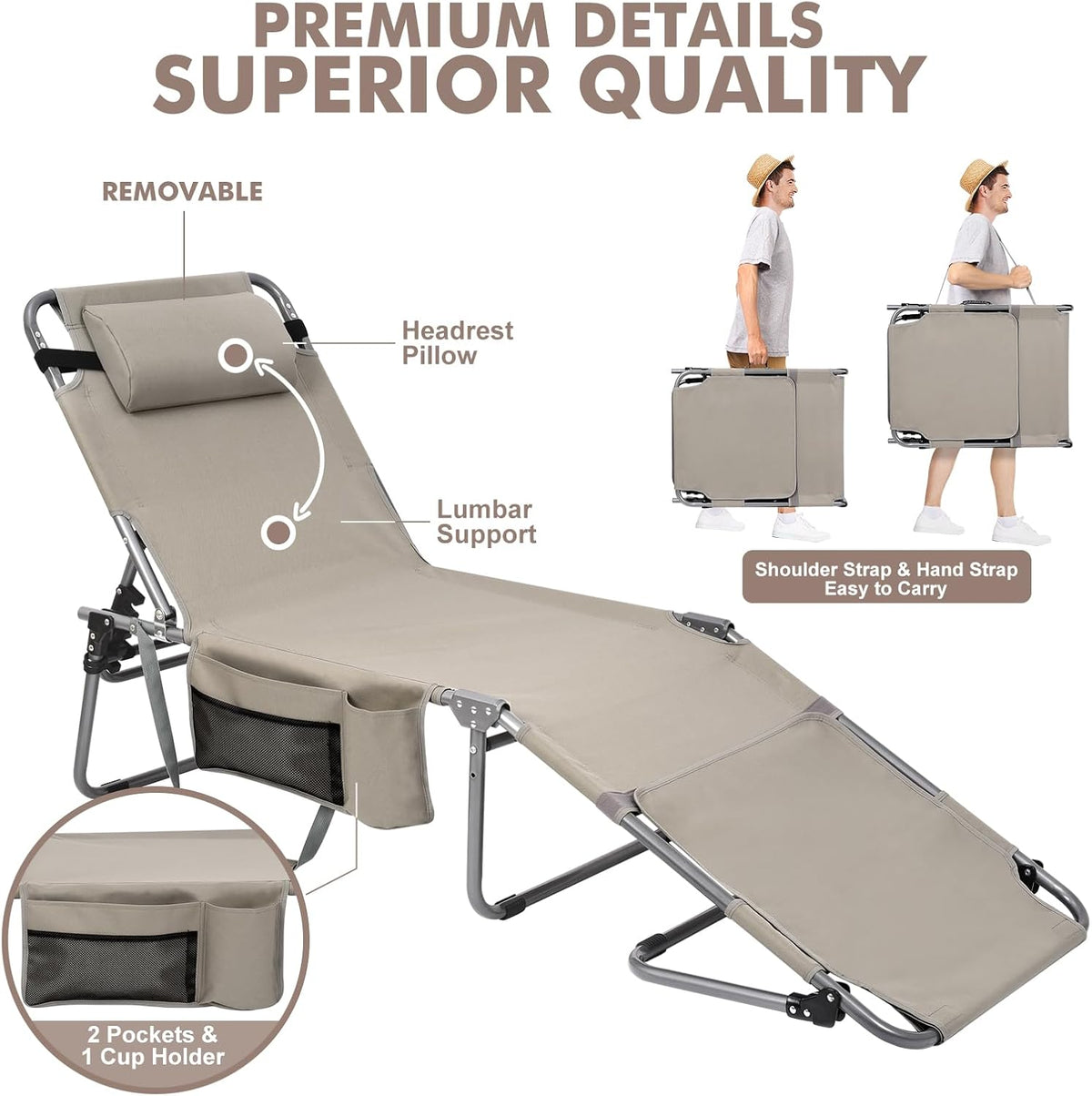 Tanning Chair with Sun Canopy Face Hole Softer Padded Adjustable Washable, Heavy Duty Layout Folding Lounge Chair for Adults Outside Beach Reading Sunbathing Poolside Lawn, UPF 50+ Sun Shade, 300 LBS