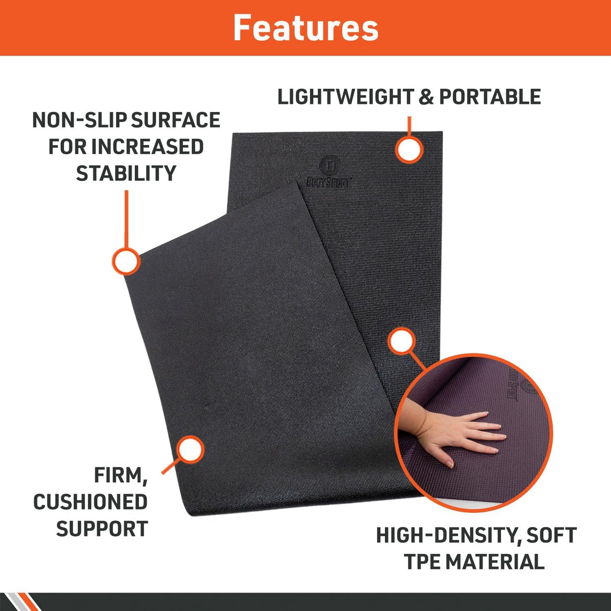 Body Sport Yoga Mat - High-Density, Non-Slip Surface with Shock Absorption - Ideal for Yoga, Pilates, and Home Workouts