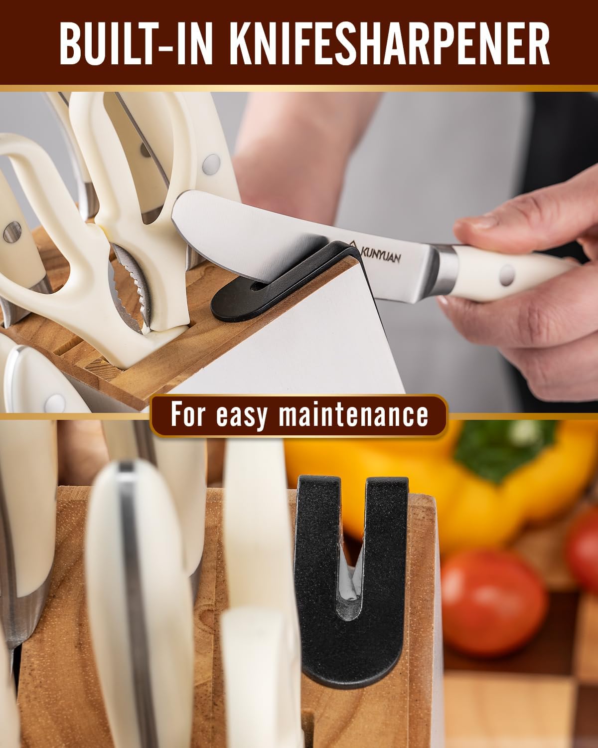 Knife Set, KUNYUAN 15 pieces Knife Sets for Kitchen,High Carbon German Stainless Steel Knife Block Set with Built in Sharpener Block,Dishwasher Safe Kitchen Knives, White