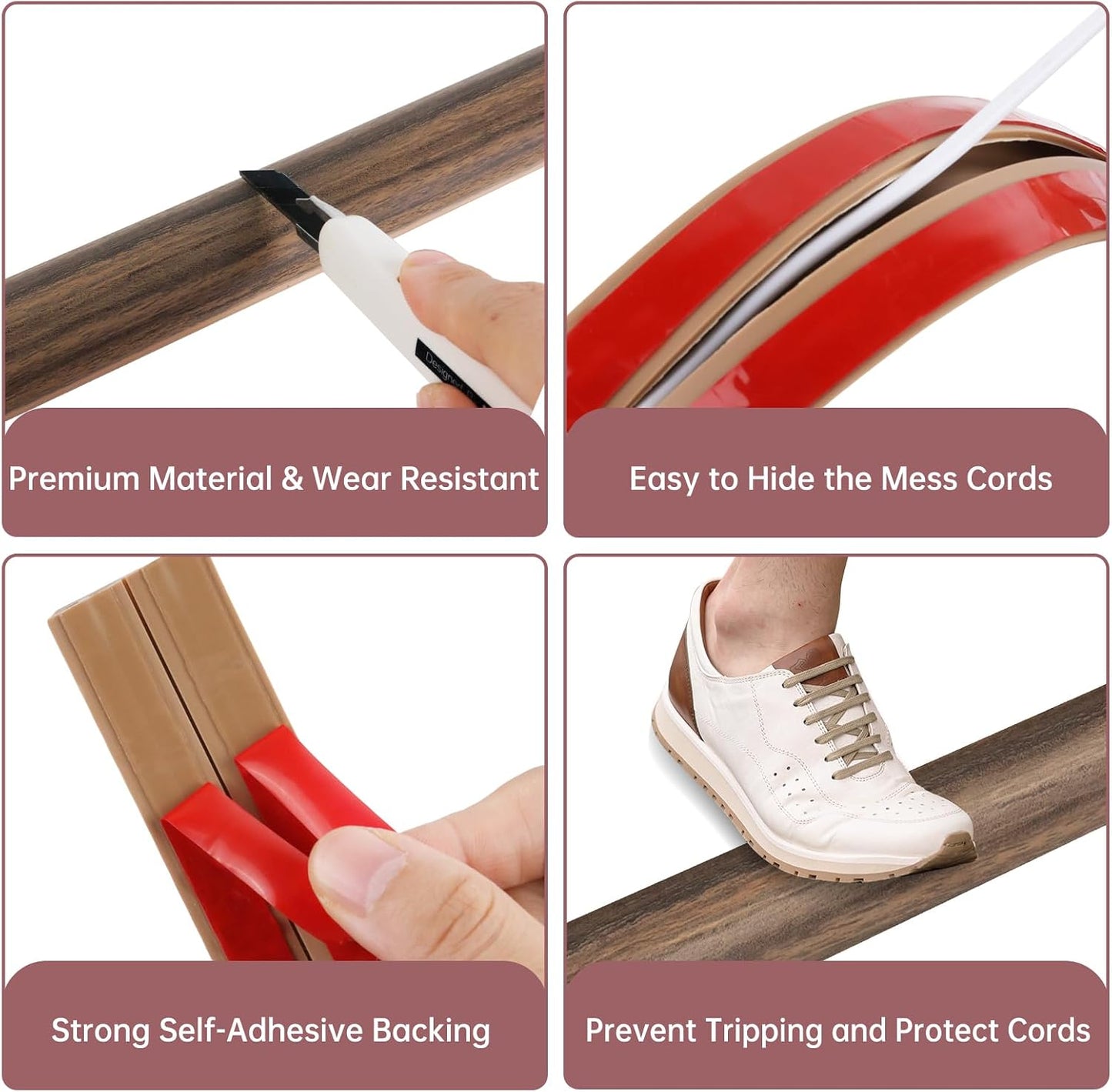 LSGCQ Floor Cord Cover Self Adhesive Cord Hider Floor Cable Management | Cord Covers for Wires on Floor Cable Cover, Prevent Cable Trips, Cable Cavity 0.59" W x 0.31" H, 20Ft, Smoked Brown Wood