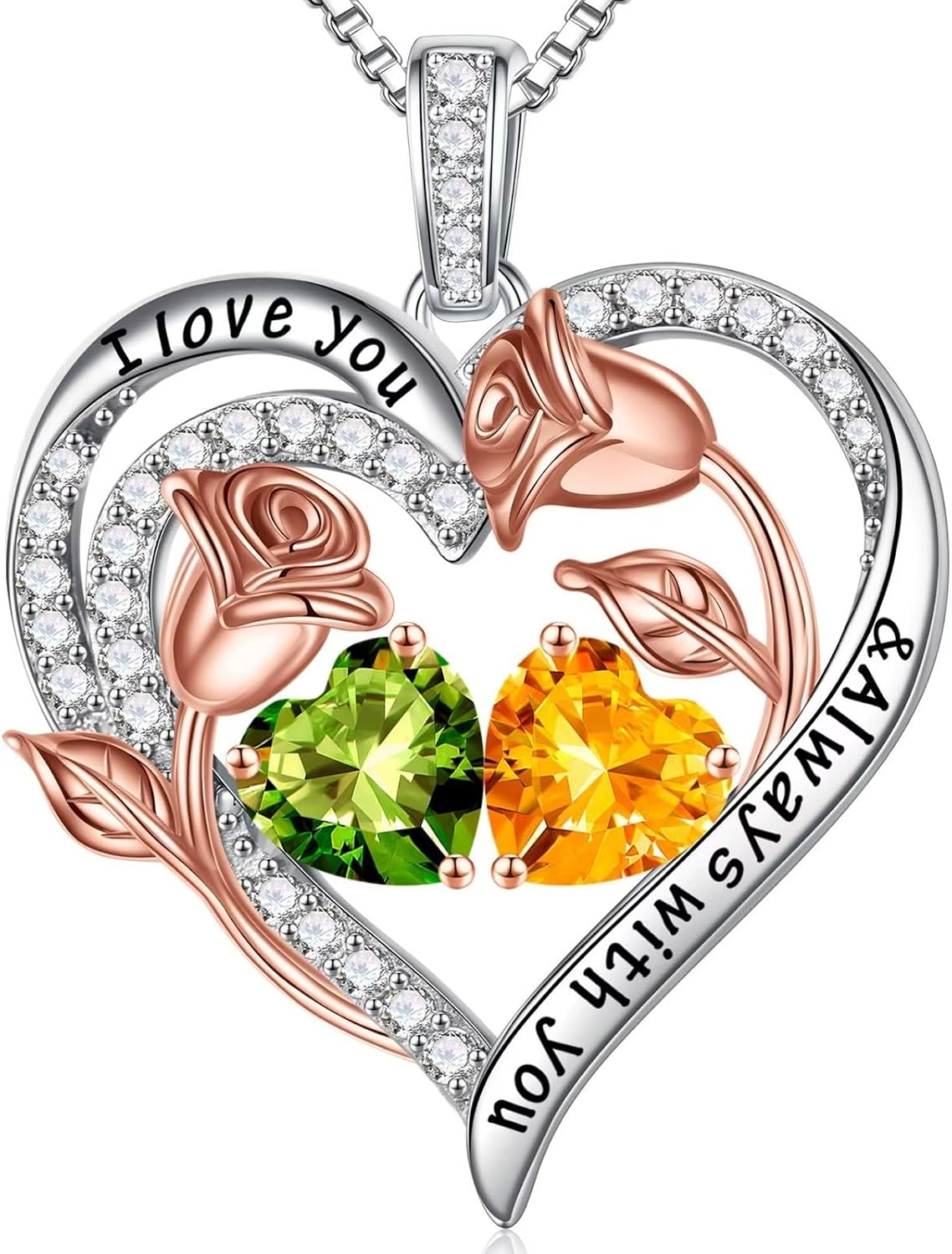 Iefil Birthstone Necklace for Women - Rose Heart Necklace