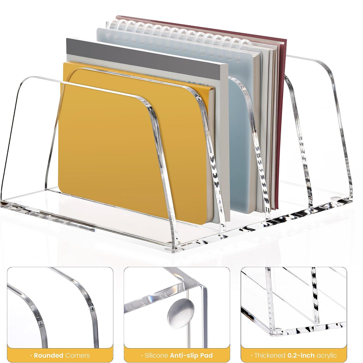 YUXUN Acrylic File Sorter,6.9"x6.6"x3.74",4 Sections Vertical Desk Organizer,Clear Mail Organizer File Holder Stand Rack Desk Accessories for Mail,Envelope,Letter,Notebook for Home/Office/Classroom