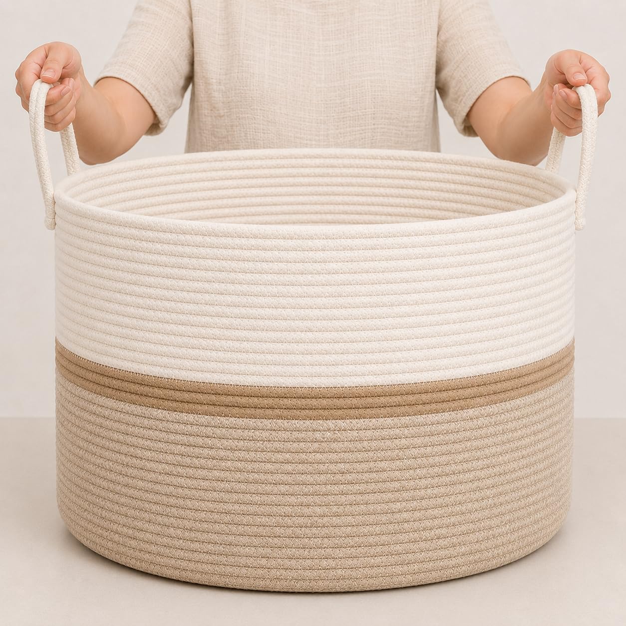 OrganiHaus Round Toy Basket & Blanket Basket, Cotton Rope 20x13" | Striped Honey - Round Cotton Rope Basket, 20x13"