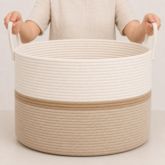 OrganiHaus Round Toy Basket & Blanket Basket, Cotton Rope 20x13" | Striped Honey - Round Cotton Rope Basket, 20x13"