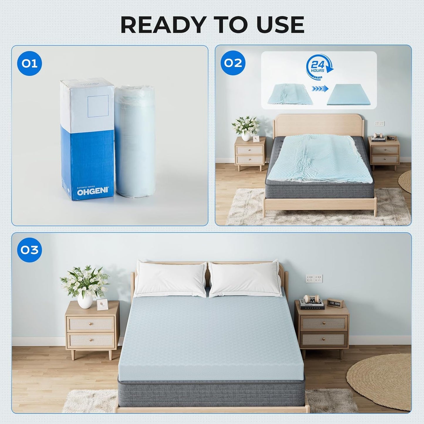 OhGeni 2 Inch Queen Memory Foam Mattress Topper Pad with Cover, Soft Bed Cover with Anti-Slip Base, Enhanced with Cooling Gel，Premium Comfort for Sleep & Back Pain Relief, Removable & Washable