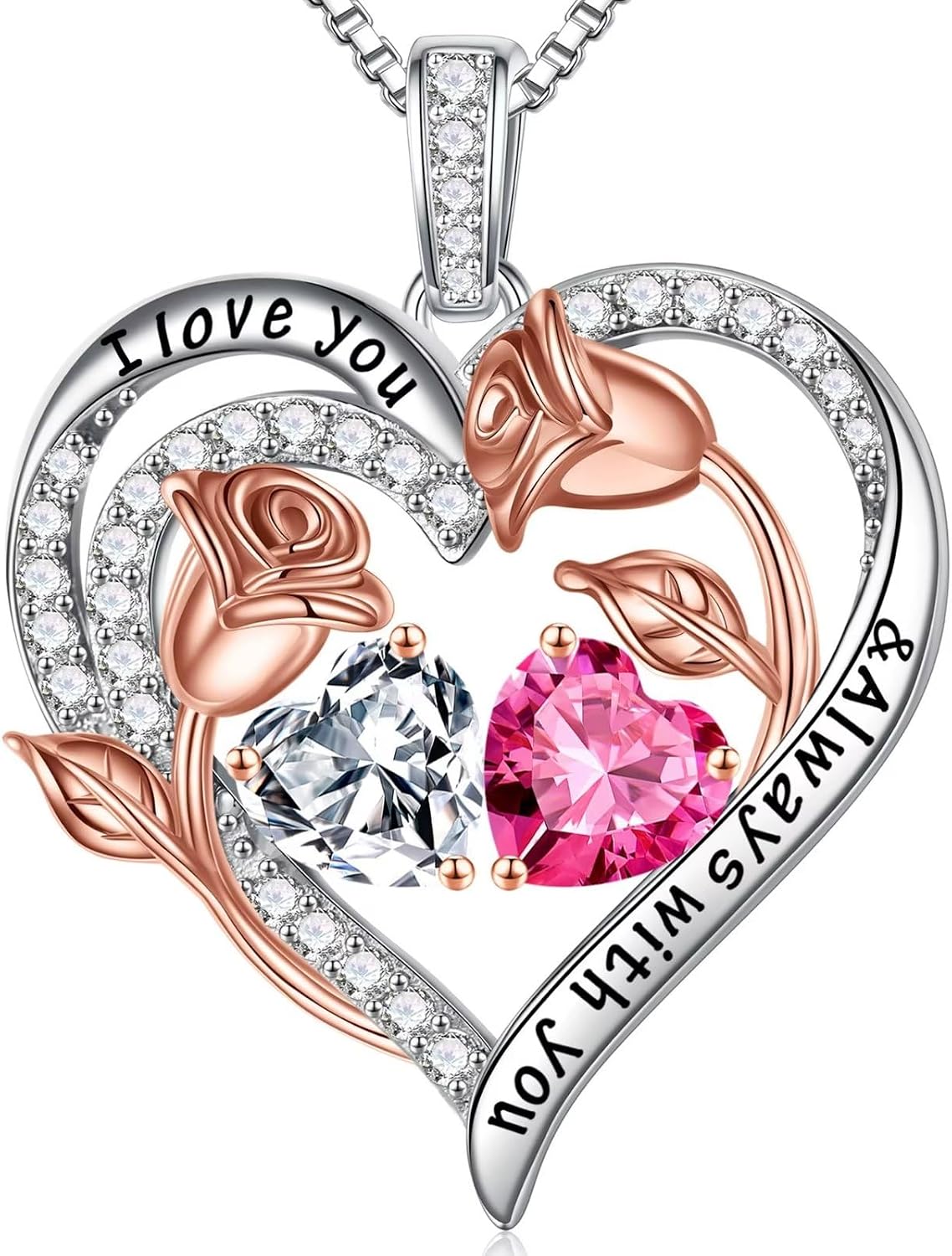 Iefil Birthstone Necklace for Women - Rose Heart Necklace