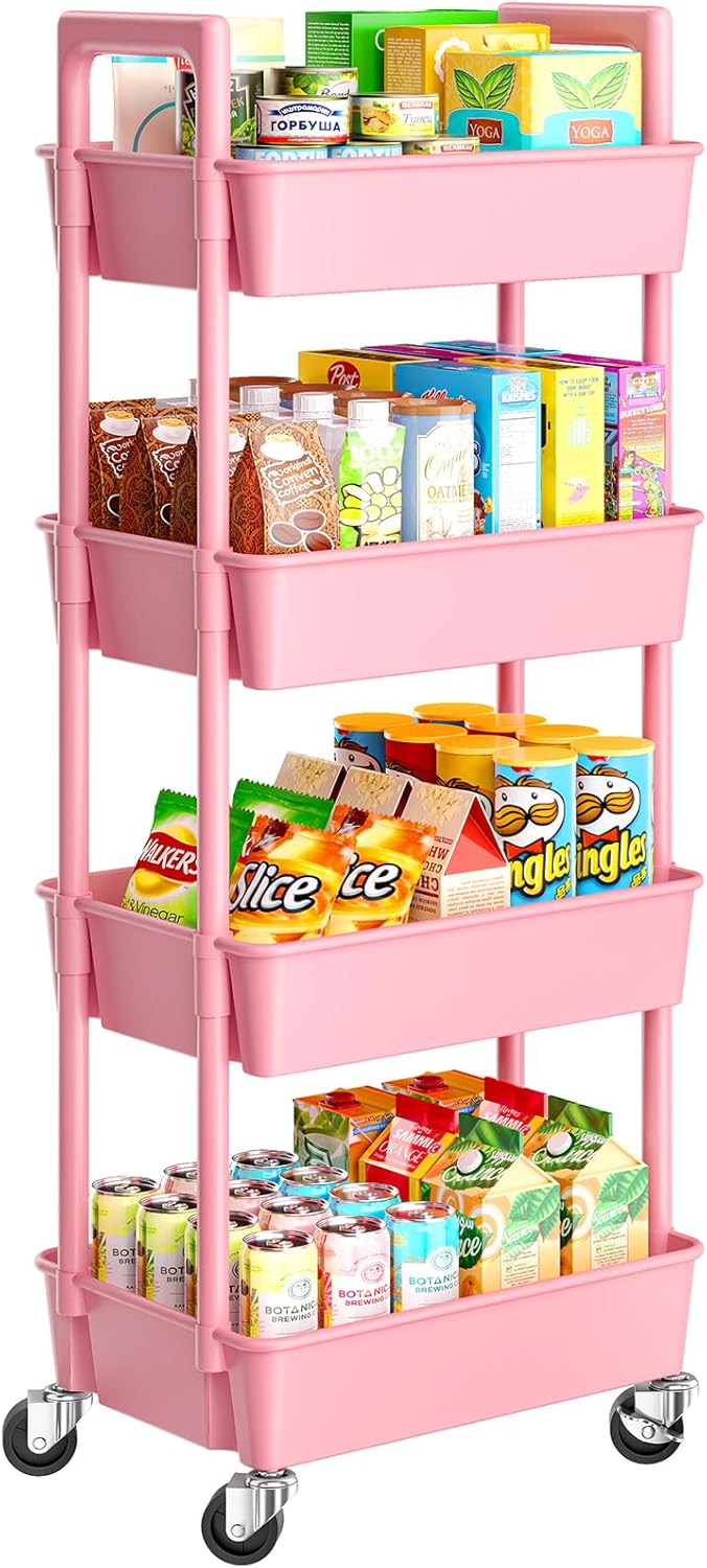 Pipishell 3 Tier Rolling Cart Organizer, Plastic Rolling Cart with Lockable Wheels & Reinforced Handle, Lightweight Utility Cart Storage Cart for Nursery, Kitchen, Bathroom, Craft Room, White, PIUC14W