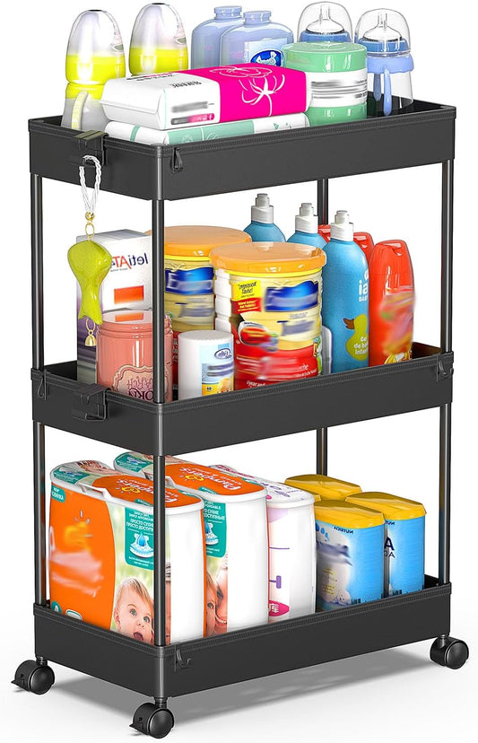 SPACEKEEPER Rolling Storage Cart 3 Tier Bathroom Cart Organizers with Wheels Laundry Room Organization Mobile Shelving Unit Utility Cart Storage Shelves Multi-Functional for Office, Home, Black