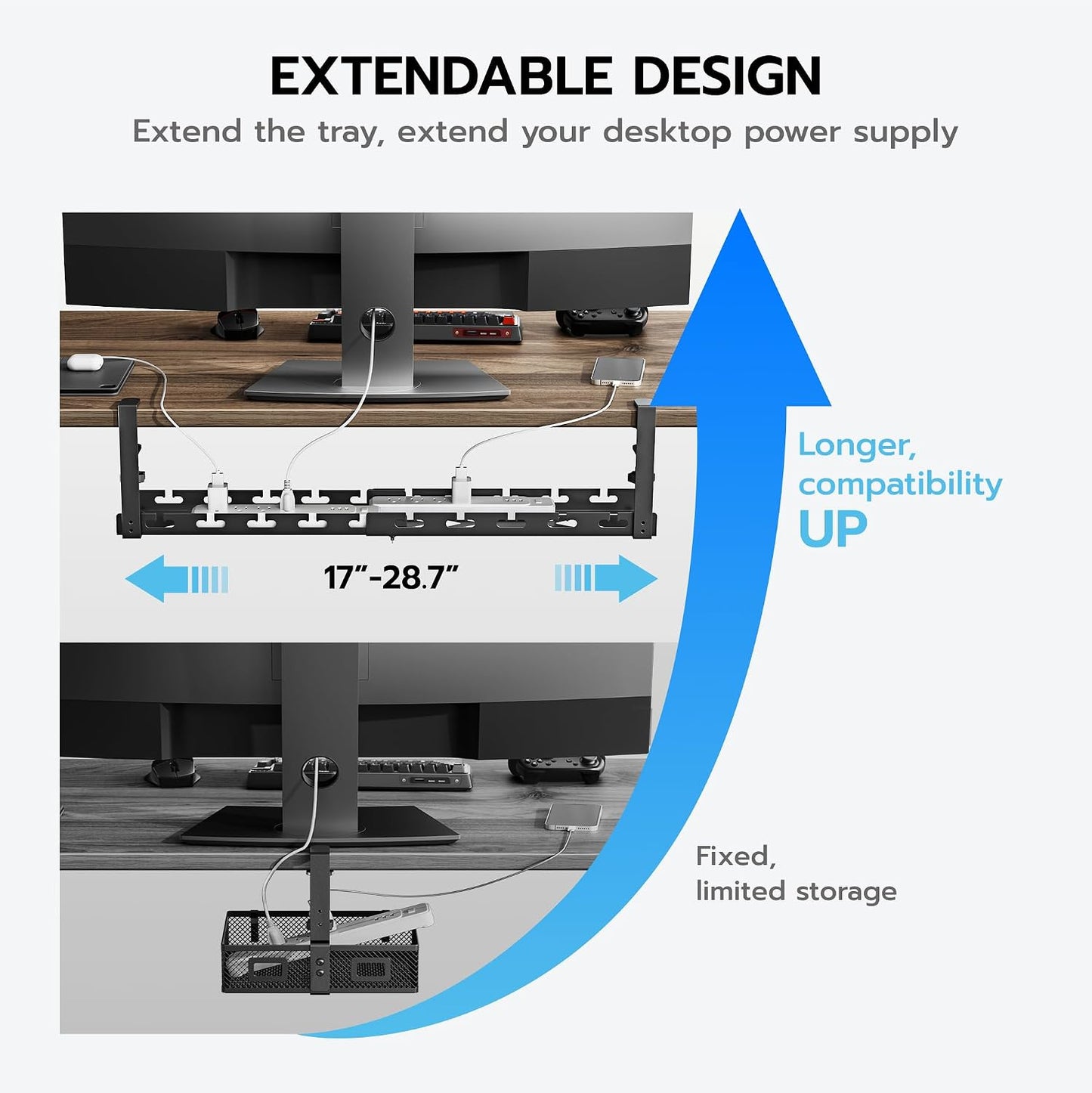 ARES WING 17"-28.7" Extendable Under Desk Cable Management Tray, No-Drill | Clamp-on Metal Cord Organizer with Cable Slots, Holds up to 11 lbs Desk Storage for Office and Gaming Accessories, Black
