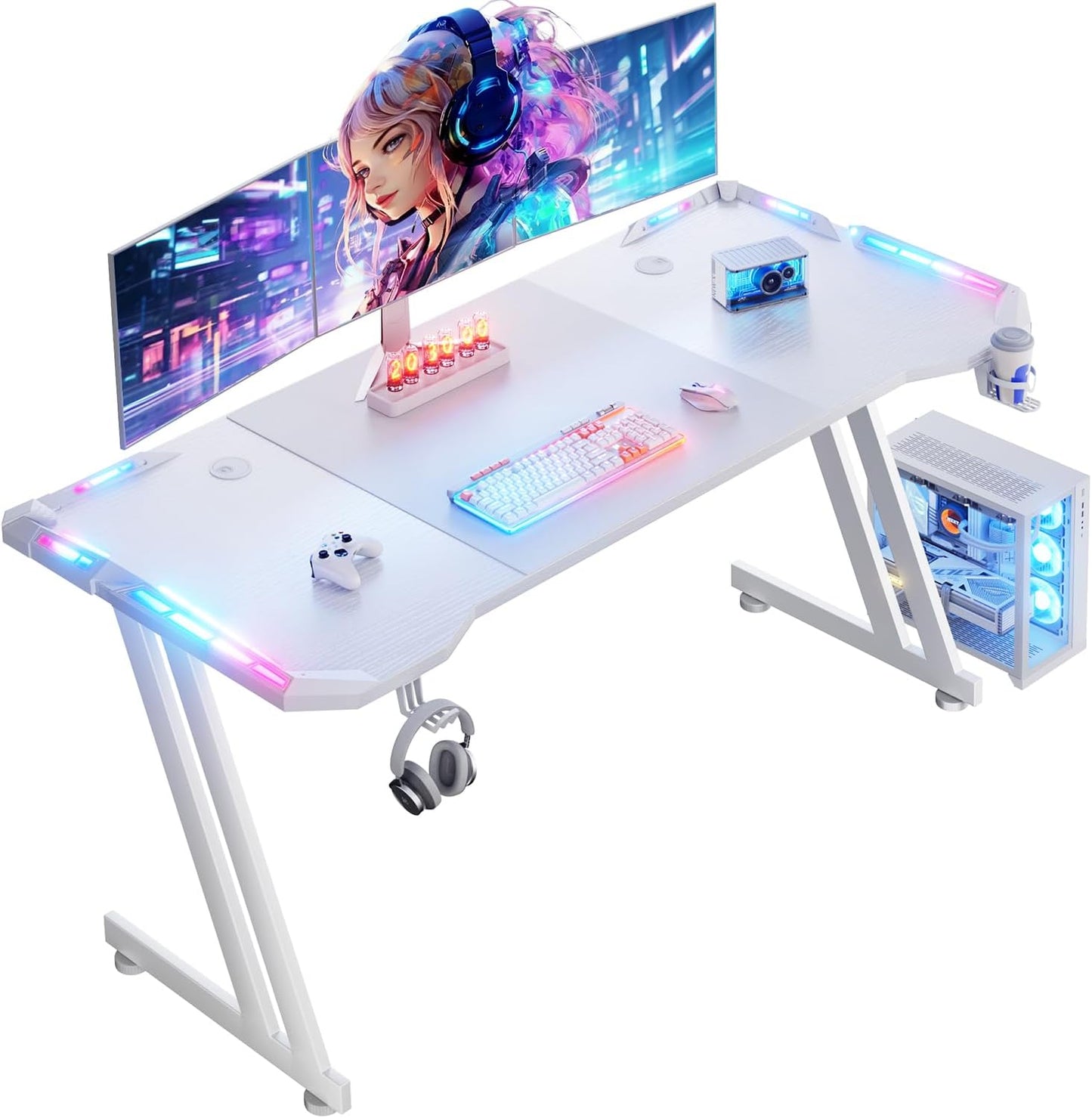 HLDIRECT 47 Inch Gaming Desk with LED Lights, Large RGB Computer Gaming Desk Table with Cup Holder Headphone Hook Mouse Pad, Ergonomic Modern Carbon Fiber Mesa Gamer Pc Work Home Office Desks, Black