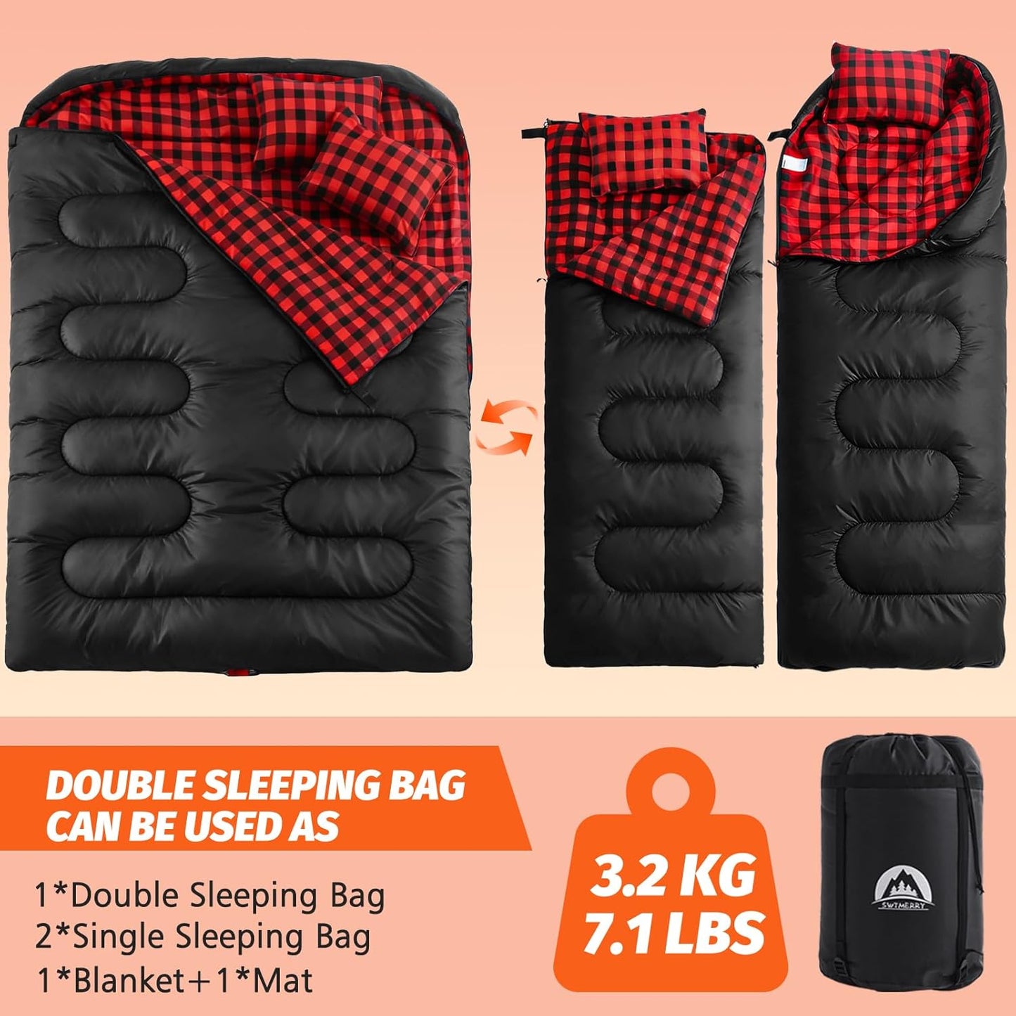 Swtmerry Double Sleeping Bag for Adults with 2 Pillows, Big&Tall XL Queen Size Sleeping Bag for 2 Person, Waterproof 2 Person Sleeping Bags for 3 Seasons,Cold Weather&Warm,Camping,Hiking & Backpacking