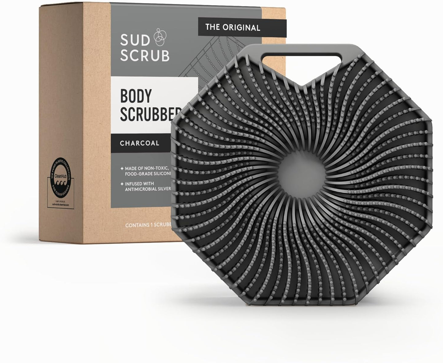 Sud Scrub® Antimicrobial Silicone Body Scrubber, Exfoliating Body Brush for Sensitive Skin, Antibacterial Shower Scrubber for Body, Bathroom Essentials for Men & Women, Charcoal