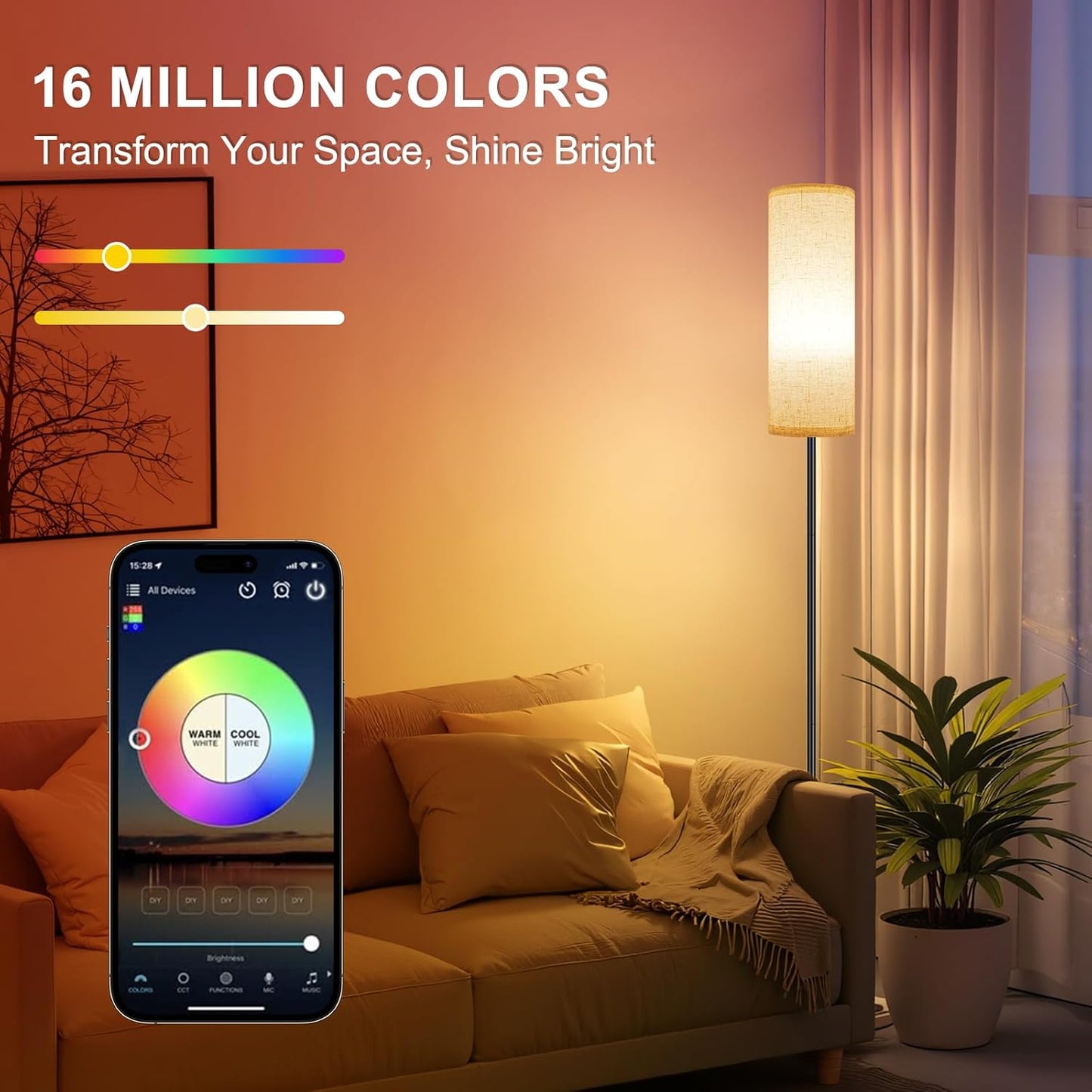 FRIDEKO HOME Floor Lamp, 9W 800LM Color Changing Smart Lamp with Music Sync, App & Remote Control, Adjustable Brightness & Color Temperature Standing Light for Living Room Bedroom Gaming, Beige Shade