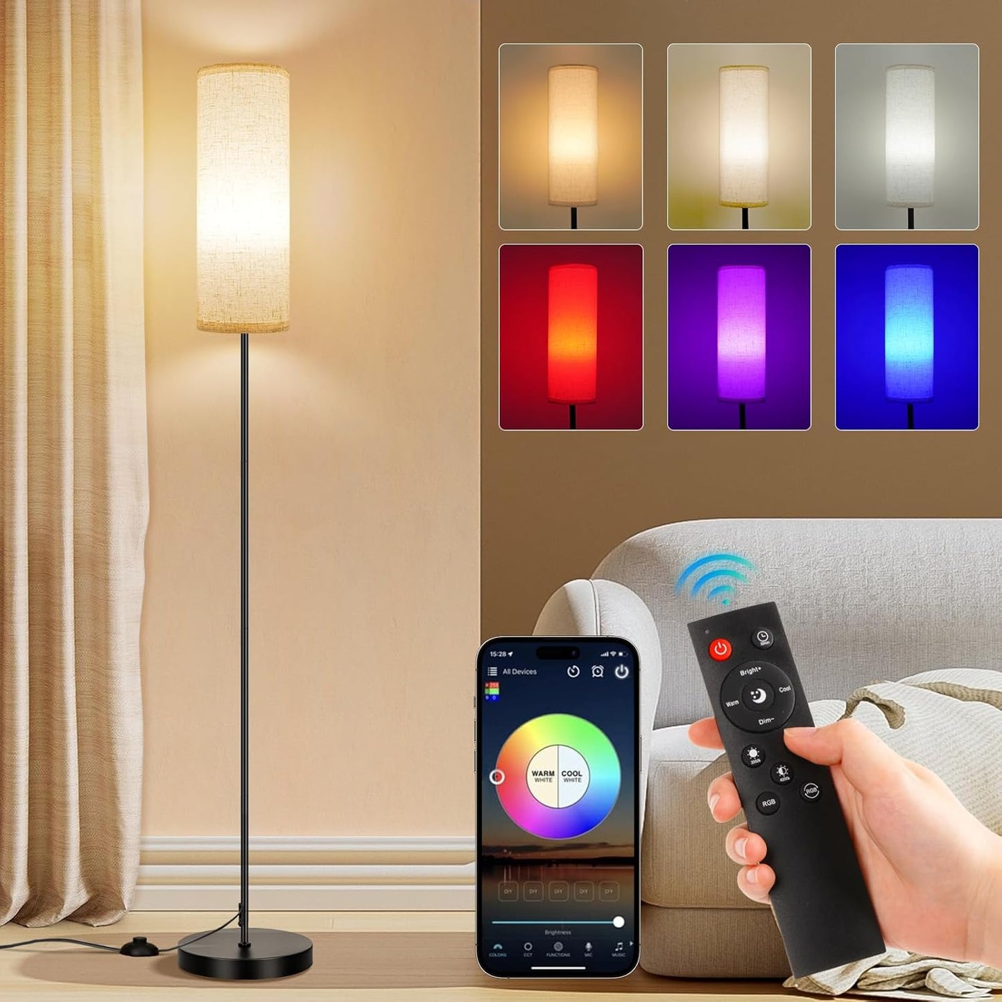 FRIDEKO HOME Floor Lamp, 9W 800LM Color Changing Smart Lamp with Music Sync, App & Remote Control, Adjustable Brightness & Color Temperature Standing Light for Living Room Bedroom Gaming, Beige Shade
