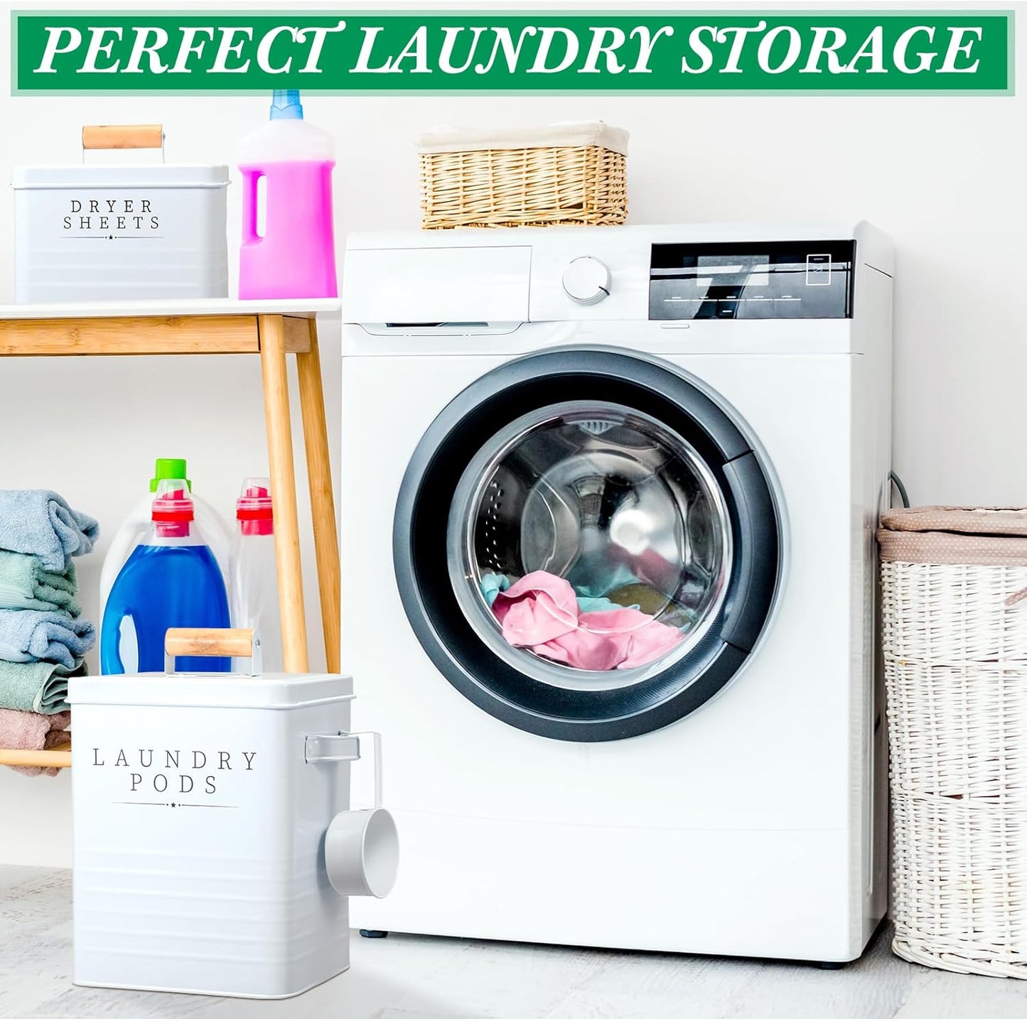 Yaocom 2 Pcs Laundry Pod Container with Dryer Sheet Holder Farmhouse Laundry Room Decor Organization and Storage Detergent Container Box with Lid Handle Metal Dryer Sheet Dispenser(White)