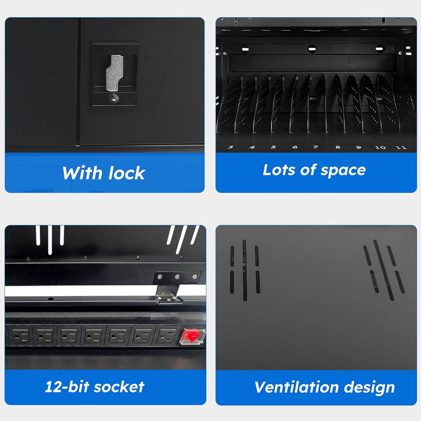 12 Device Charging Station for Laptops & Tablets, Portable Lockable Charging Cabinet Lock Box with Cable Management,Fits 17in Laptop Computers Chromebooks, for Classroom, Library, and Office(Black)