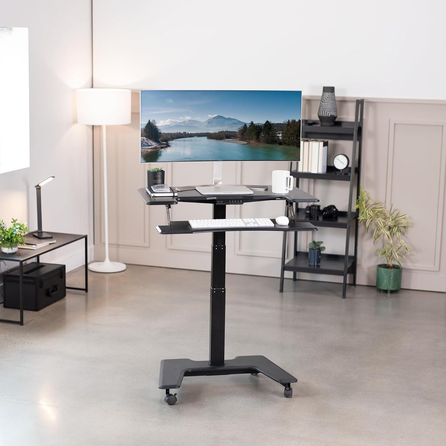VIVO Black Electric Mobile Height Adjustable 36 inch Dual Platform Standing Desk with Wheels, Rolling Small Space Table, Sit Stand Workstation, DESK-V111VT