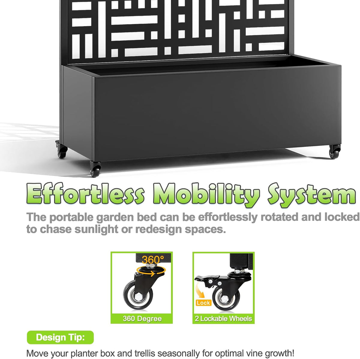 15.7"×70.9"×35.4" Metal Raised Garden Bed with Trellis and Wheels - Tall Trellis Planter Box for Climbing Plants, Vegetables & Vines - Outdoor Privacy Planters for Patio (Black-Helen)