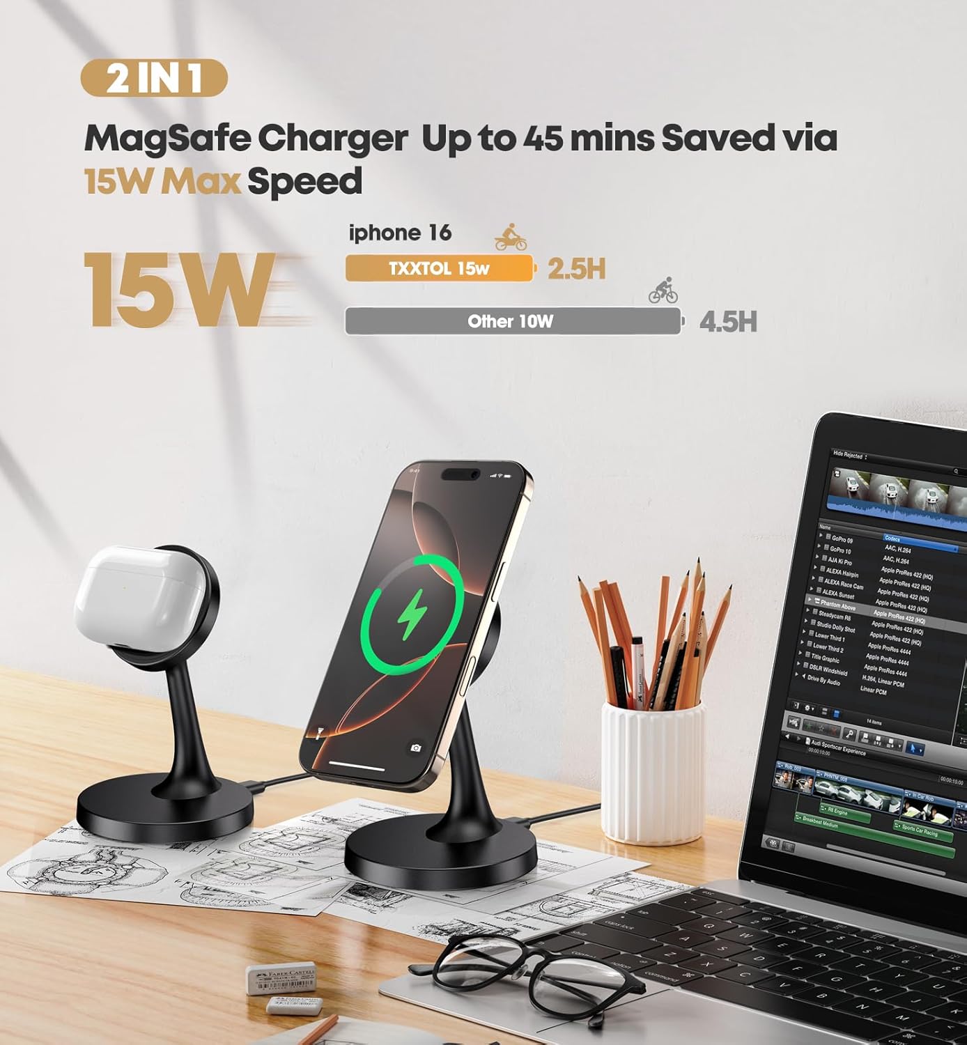 Magnetic Wireless Charger iPhone Stand 15W Fast Mag-Safe Charger for iPhone 17/17 Pro/17 Air/17 Pro Max 16/15/14/13/12 Series Apple Magnet Wireless Charging Station/Pad for AirPods